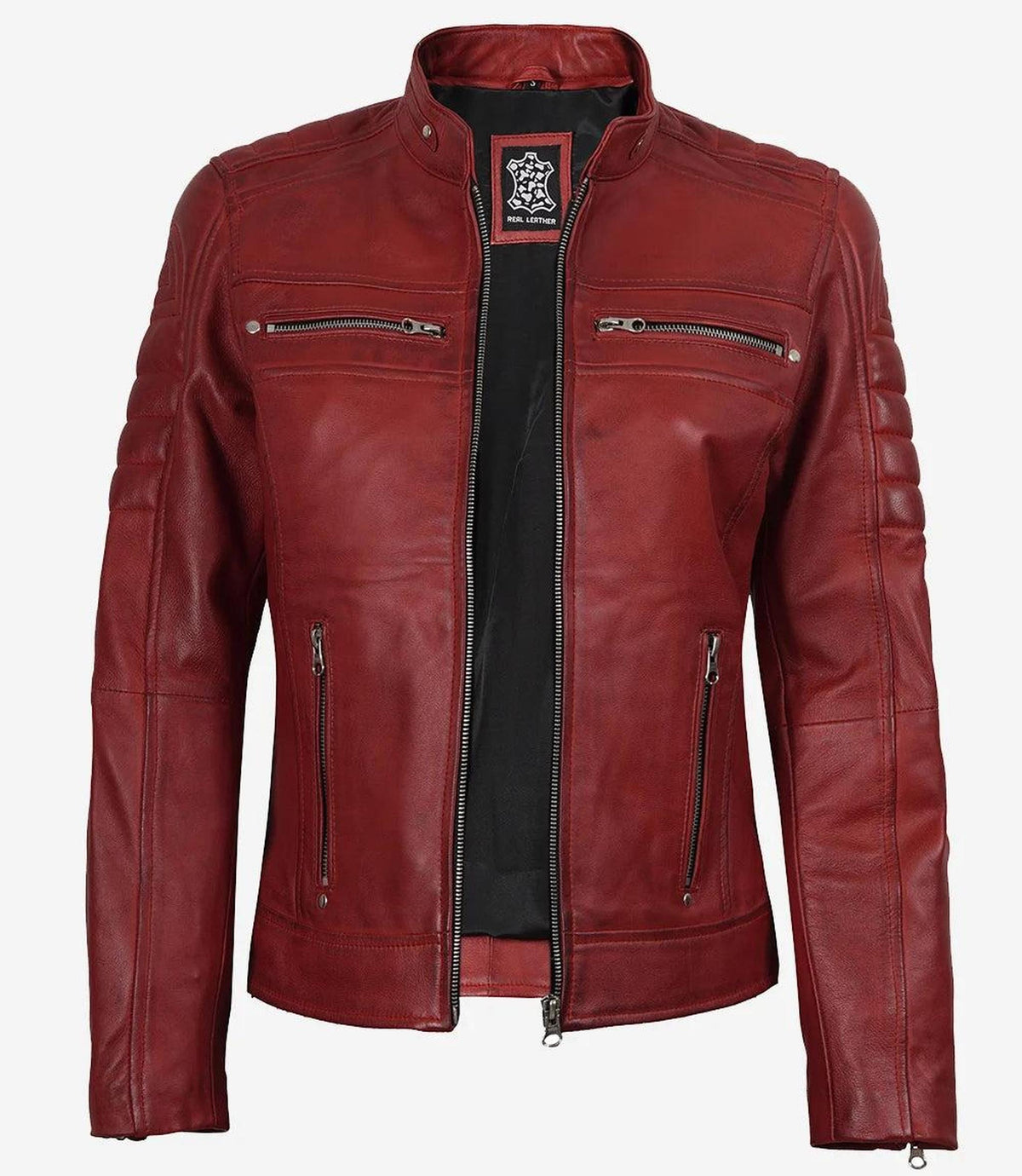 Red Waxed Biker Style Leather Jacket for Women-Leather Jackets-Glompi-Glompi