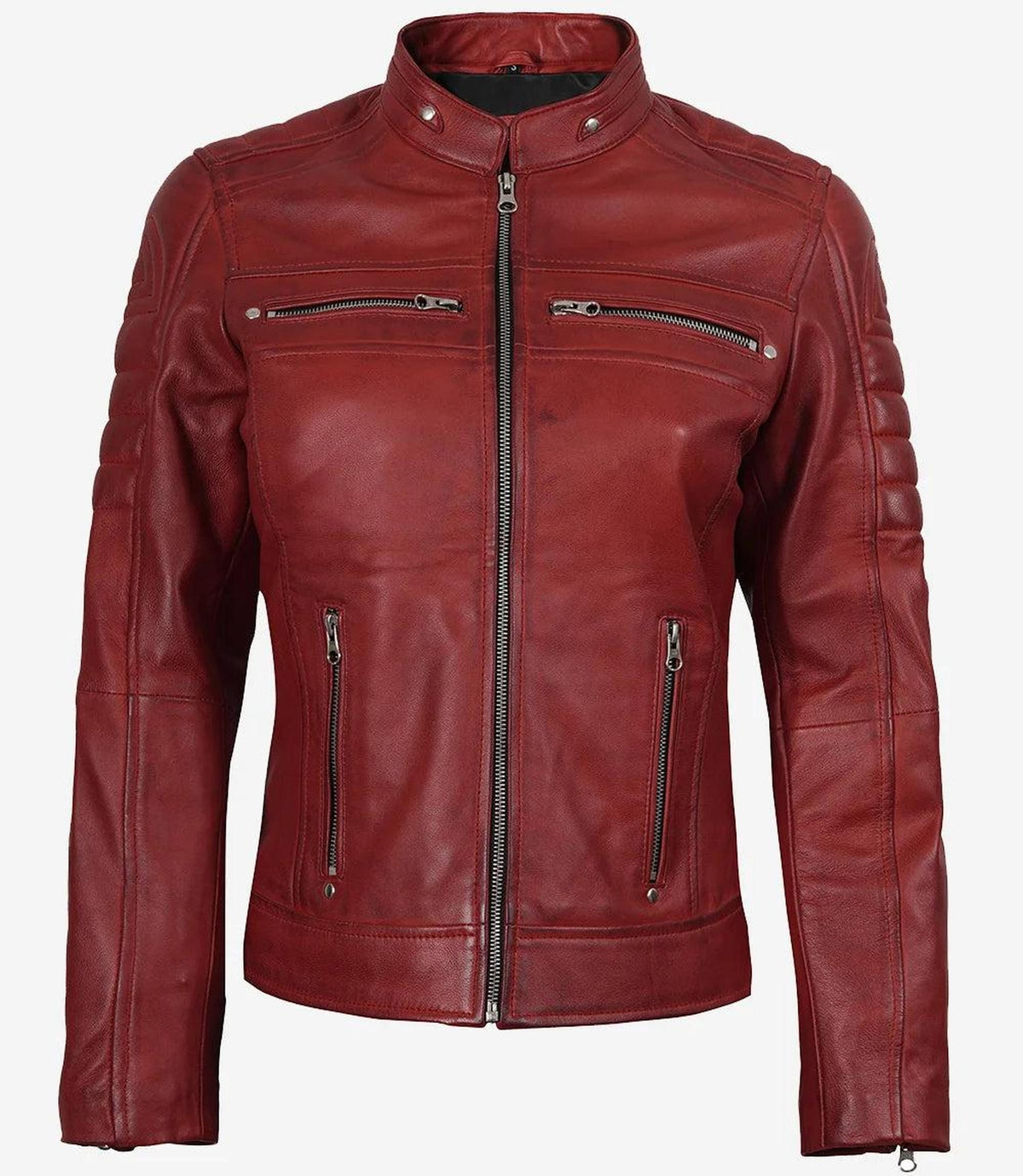 Red Waxed Biker Style Leather Jacket for Women-Leather Jackets-Glompi-Glompi