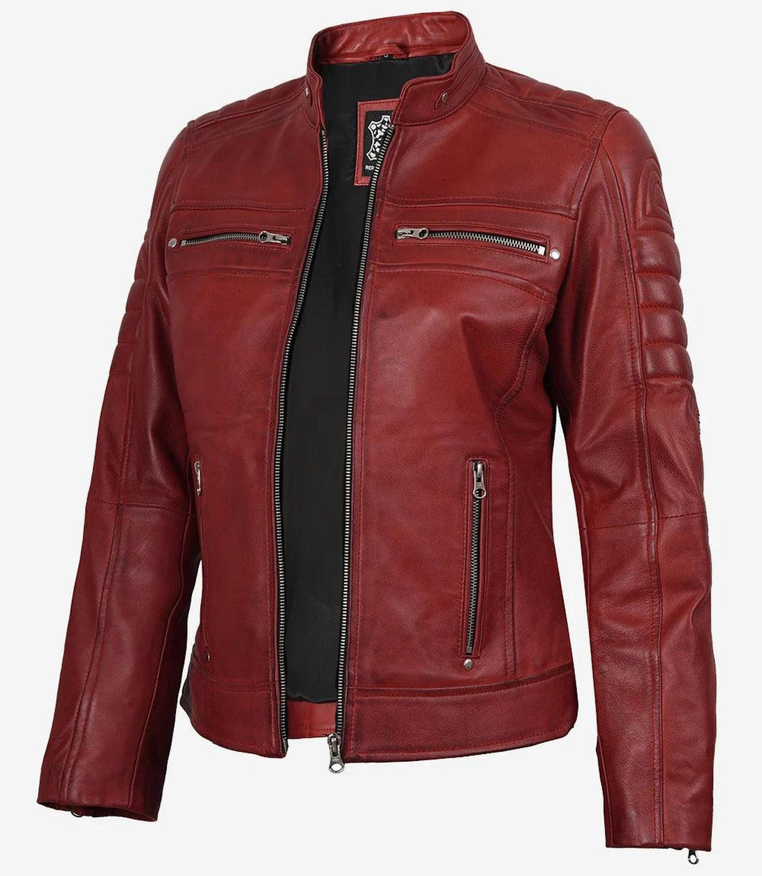 Red Waxed Biker Style Leather Jacket for Women-Leather Jackets-Glompi-XS-Glompi