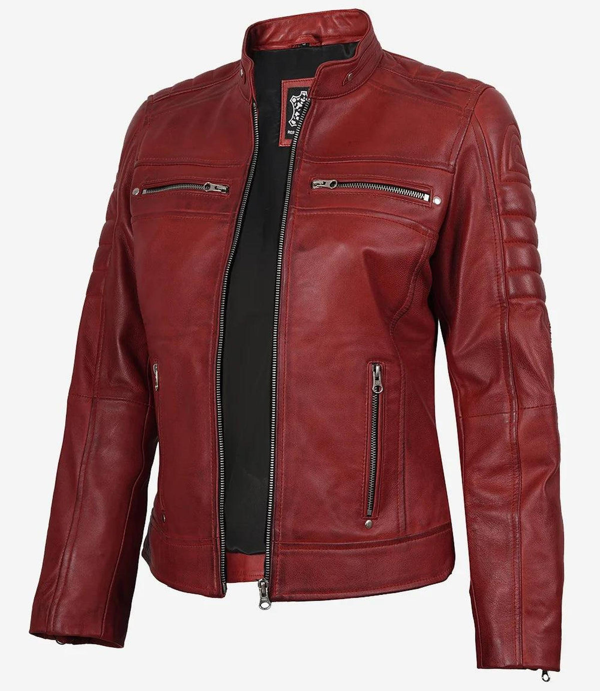 Red Waxed Biker Style Leather Jacket for Women-Leather Jackets-Glompi-XS-Glompi
