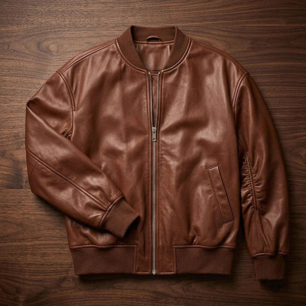 Relaxed Fit Vegan Leather Bomber Jacket with Ribbed Details 1