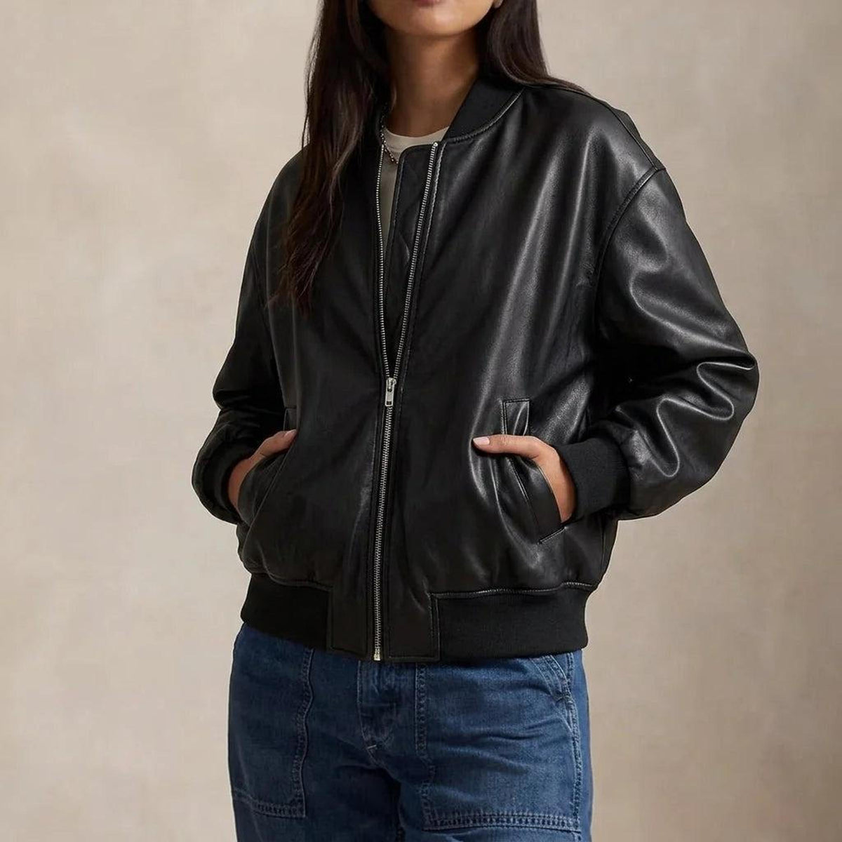 Relaxed Fit Vegan Leather Bomber Jacket with Ribbed Details 4