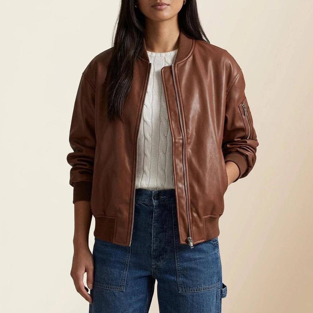 Relaxed Fit Vegan Leather Bomber Jacket with Ribbed Details 0