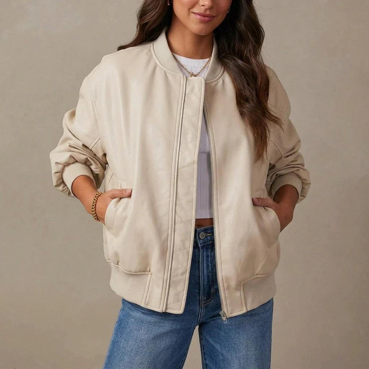 Relaxed Fit Vegan Leather Bomber Jacket with Ribbed Details 3