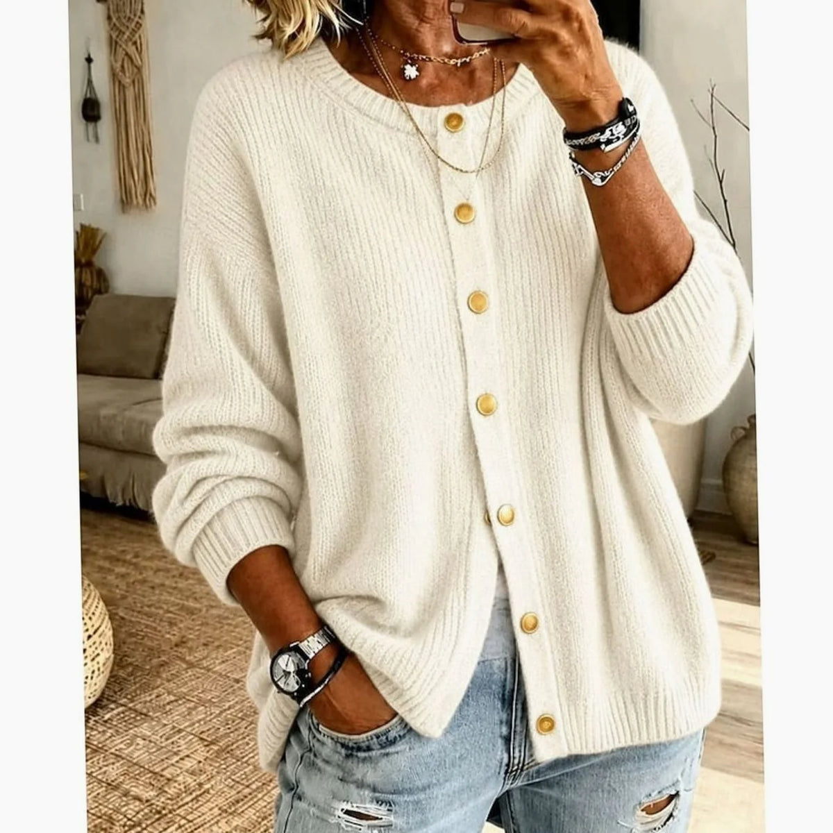 Relaxed Knit Cardigan with Gold Snap Buttons 1
