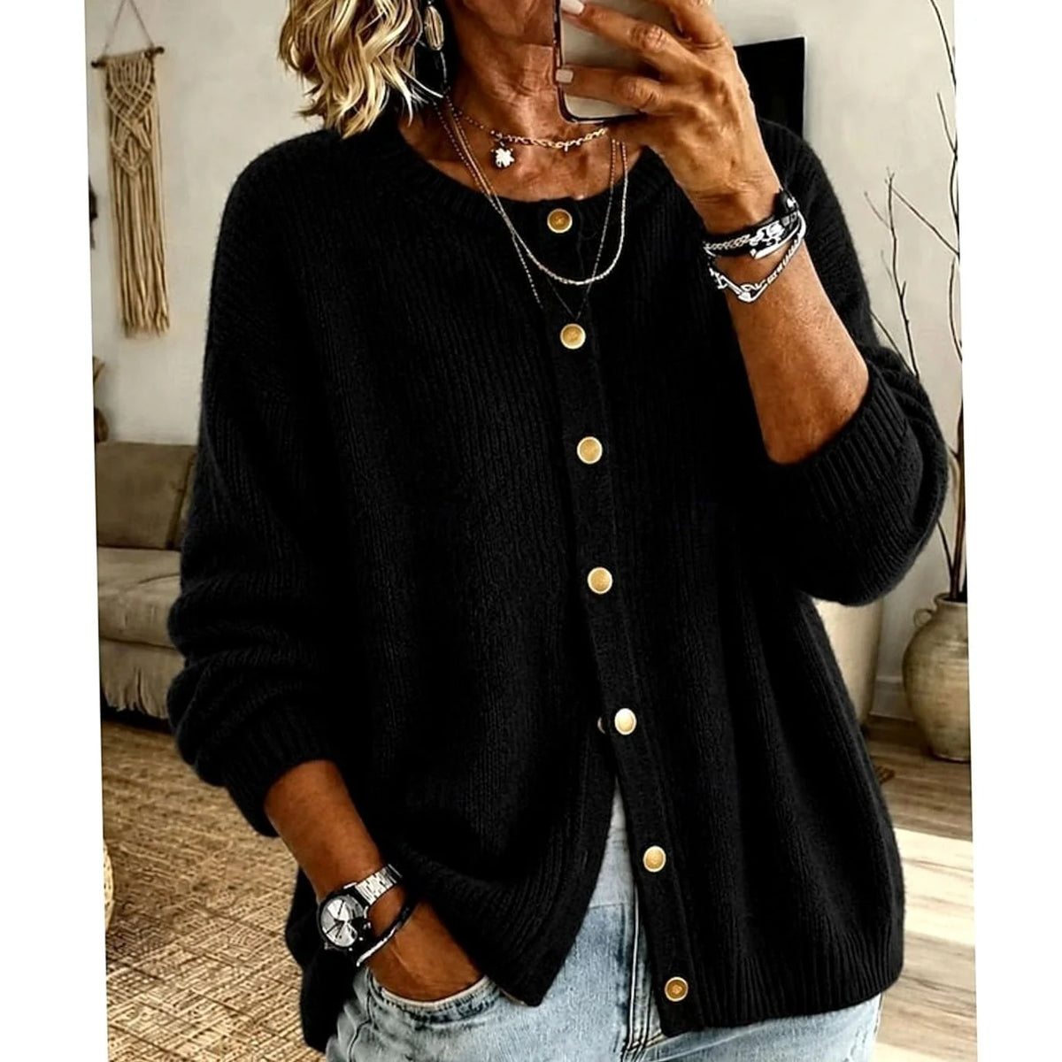 Relaxed Knit Cardigan with Gold Snap Buttons 4