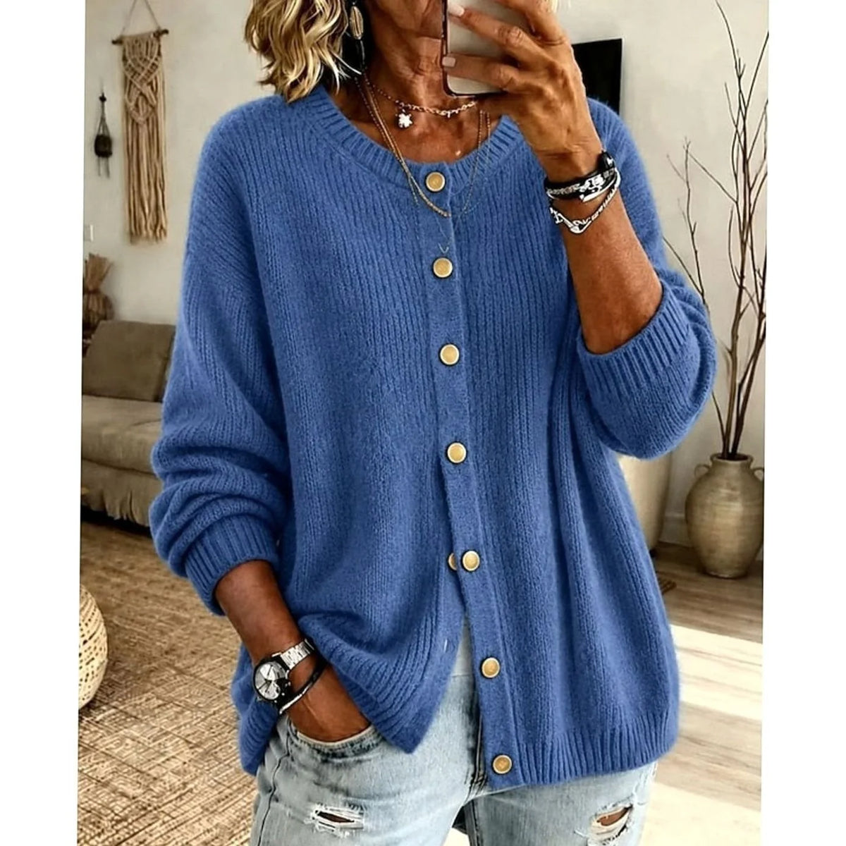 Relaxed Knit Cardigan with Gold Snap Buttons 2