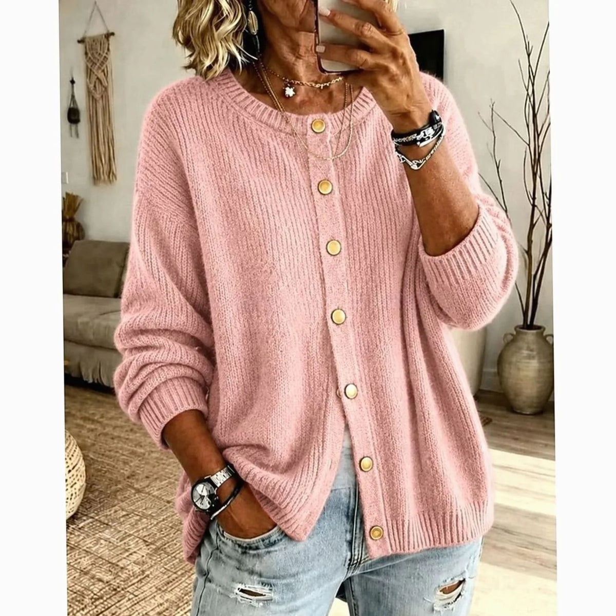 Relaxed Knit Cardigan with Gold Snap Buttons 0