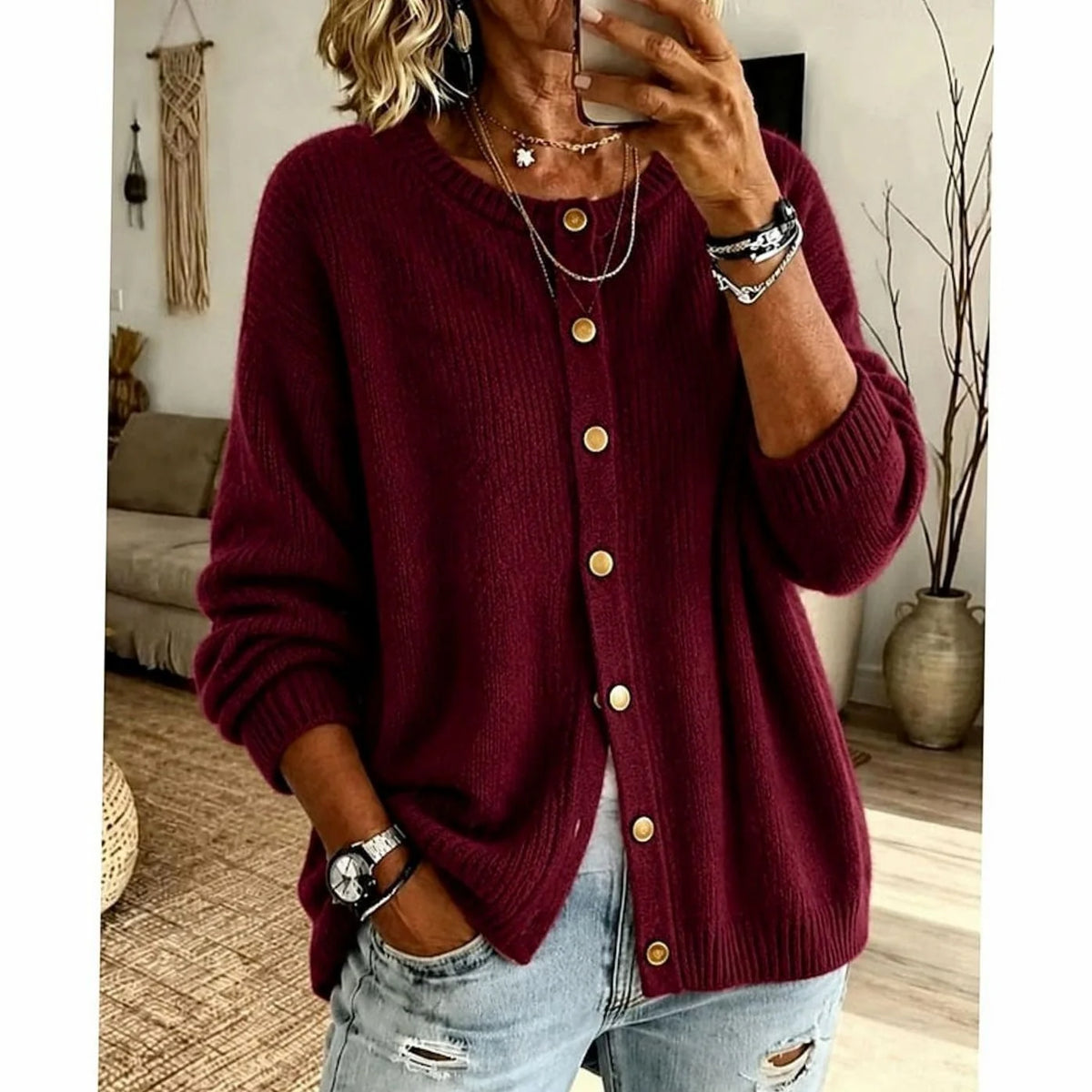 Relaxed Knit Cardigan with Gold Snap Buttons 3