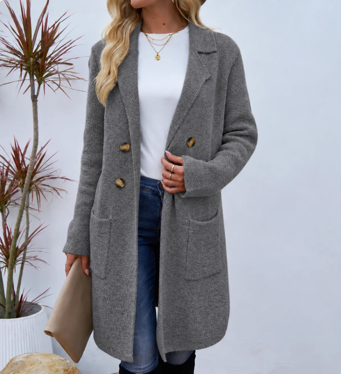 Relaxed Knit Coat with Gold Button Detail 2