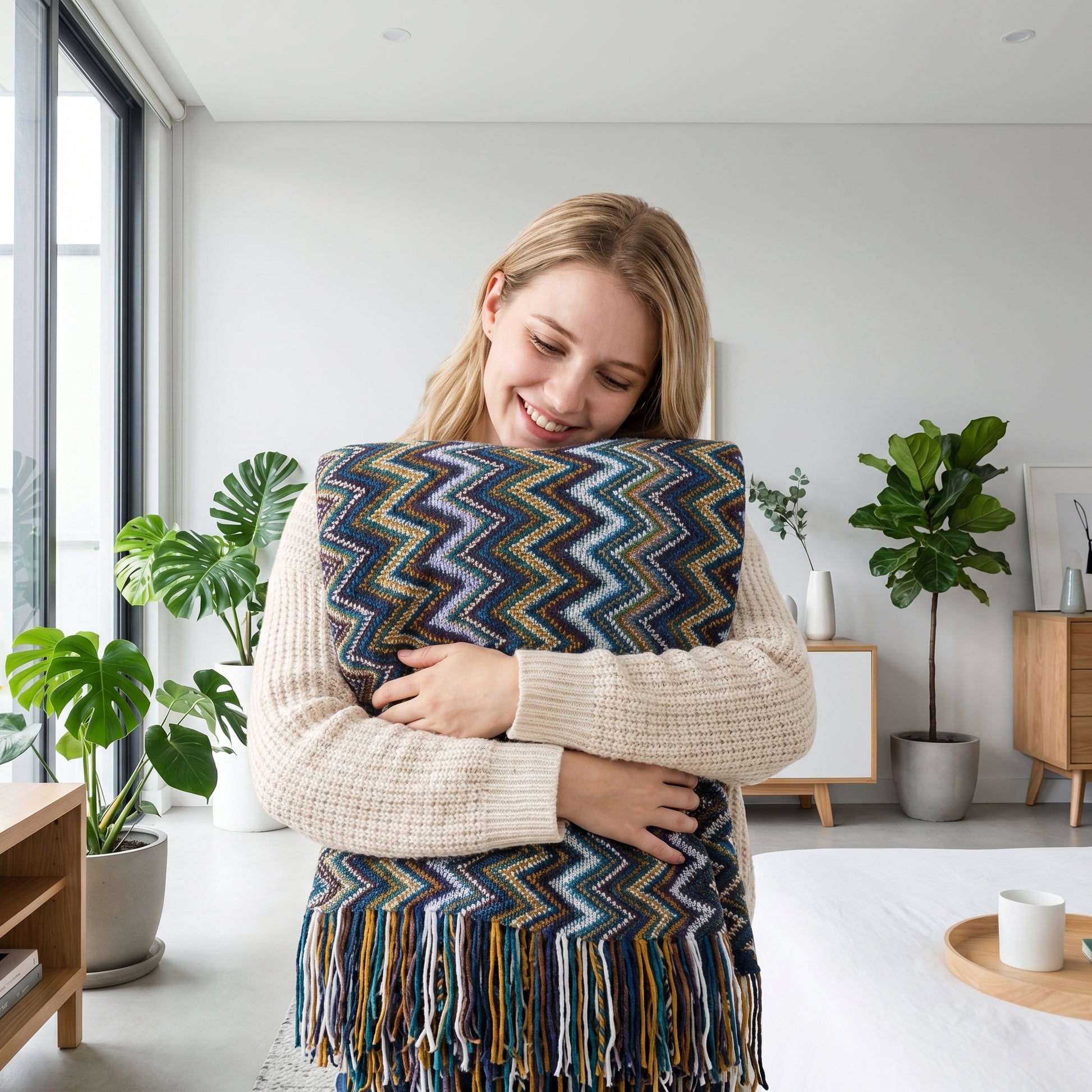 Smiling woman hugging a soft knitted retro bohemian striped blanket with colorful tassels.