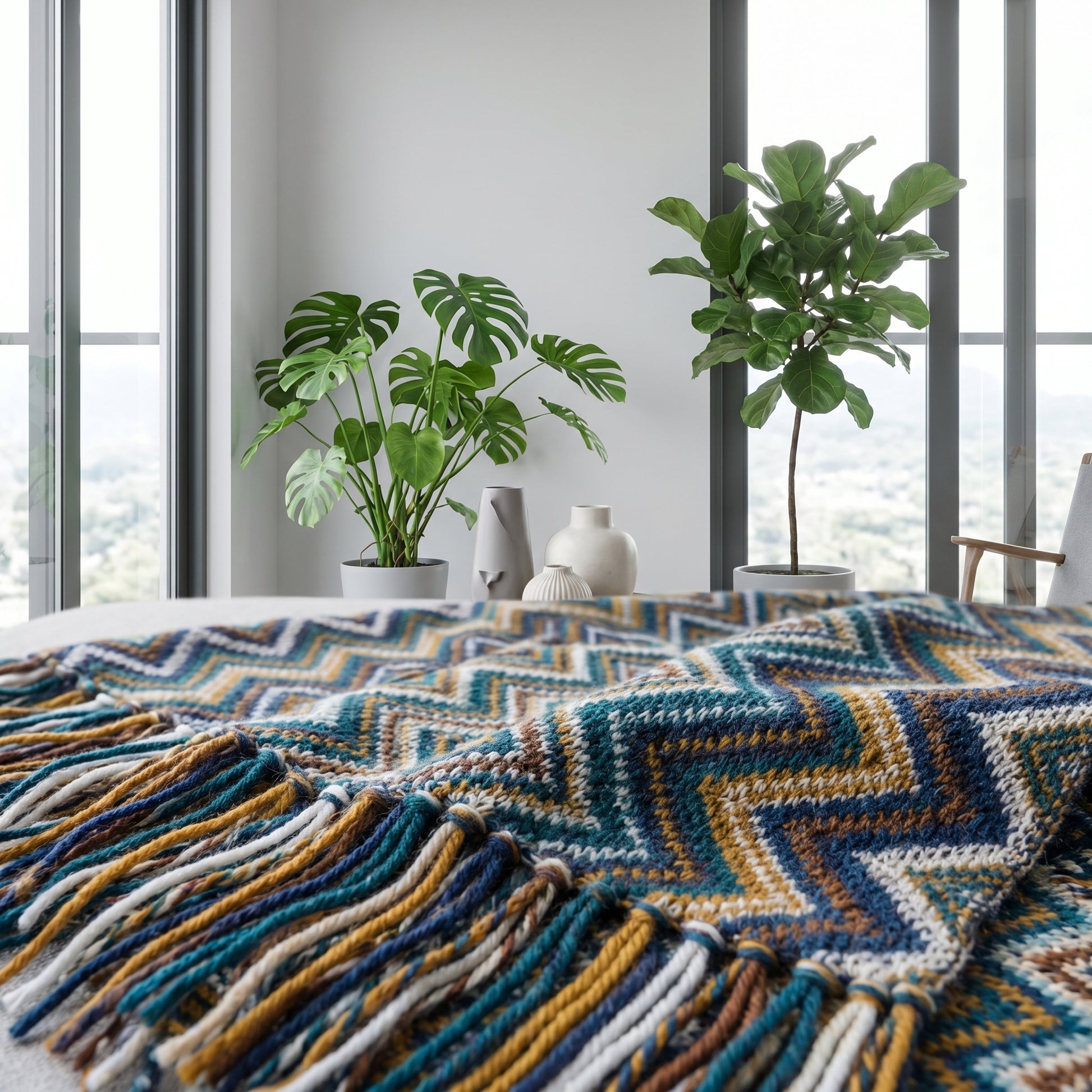 Retro bohemian striped knitted blanket with colorful chevron pattern and tassels.