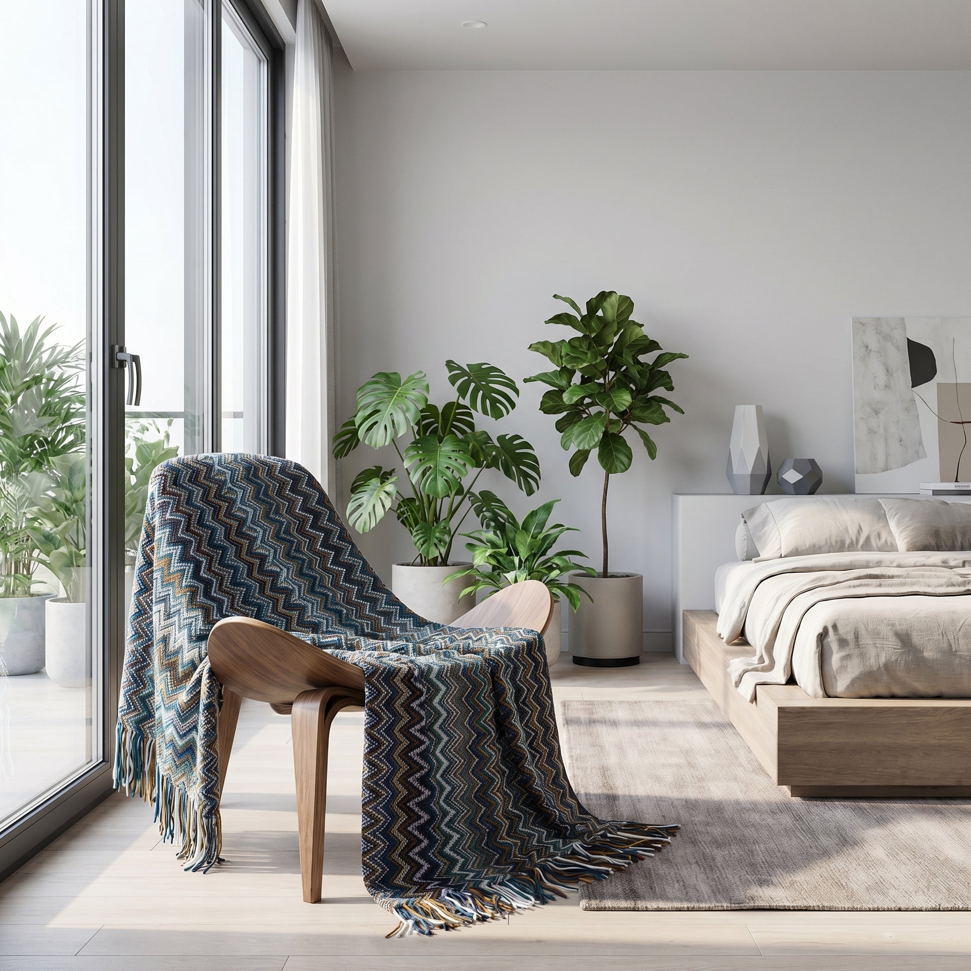 Retro bohemian striped knitted blanket with tassels draped over a wooden chair in a bright bedroom.