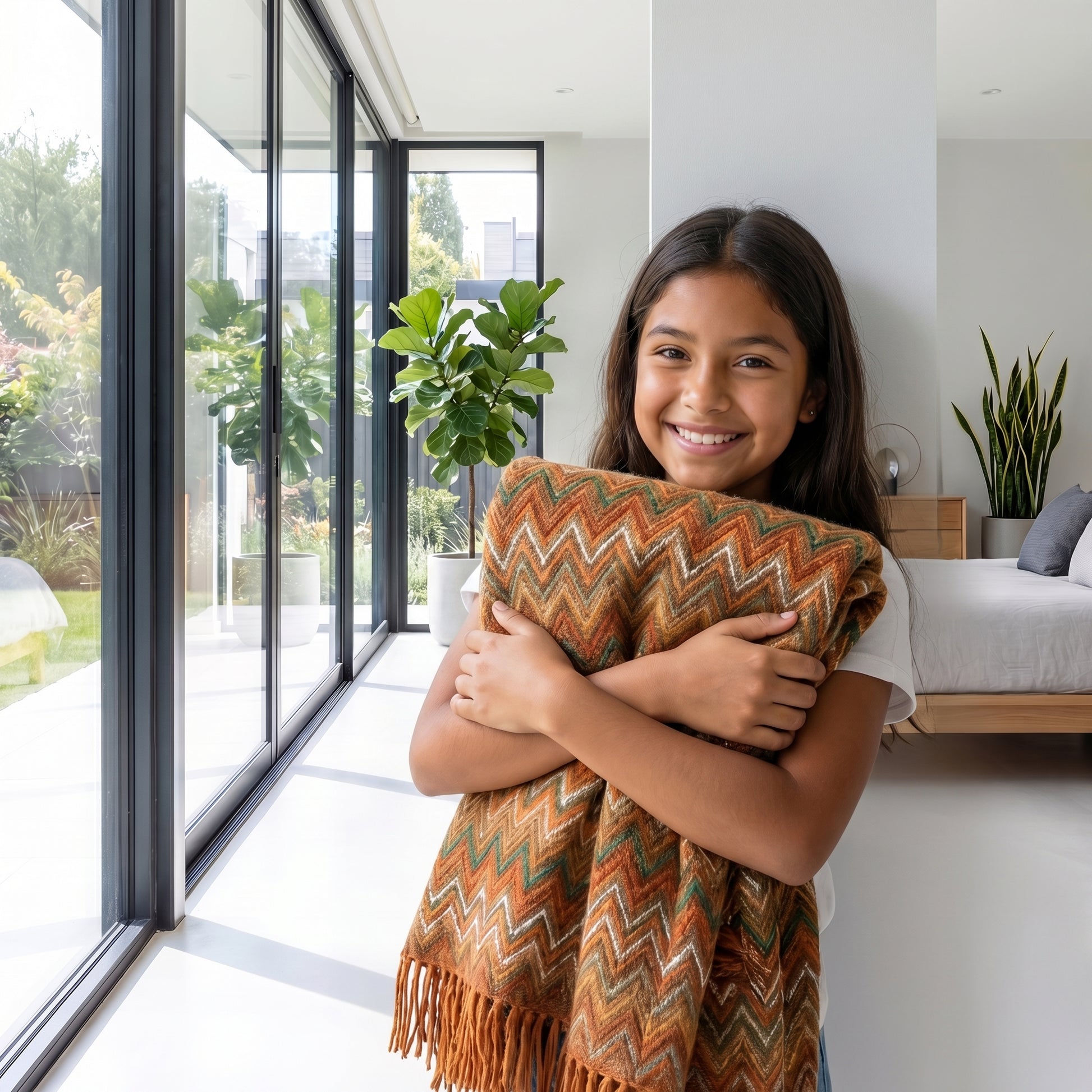 Smiling girl holding a folded Retro Bohemian Striped Blanket with orange, green, and white chevron pattern and tassels.