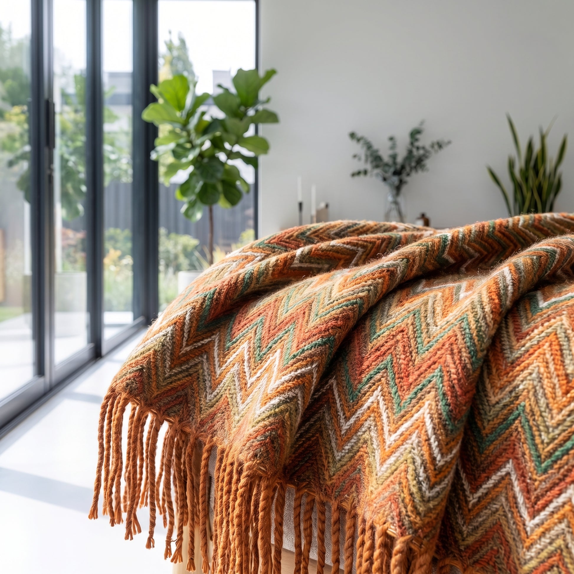 Retro bohemian striped knitted blanket with orange, green, and white chevron pattern and tassels.