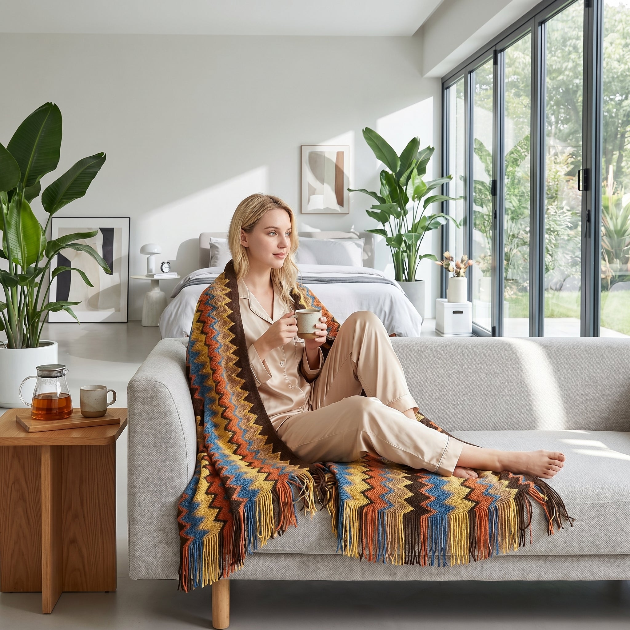 Woman on a sofa wrapped in a colorful retro bohemian striped knitted blanket with tassels.