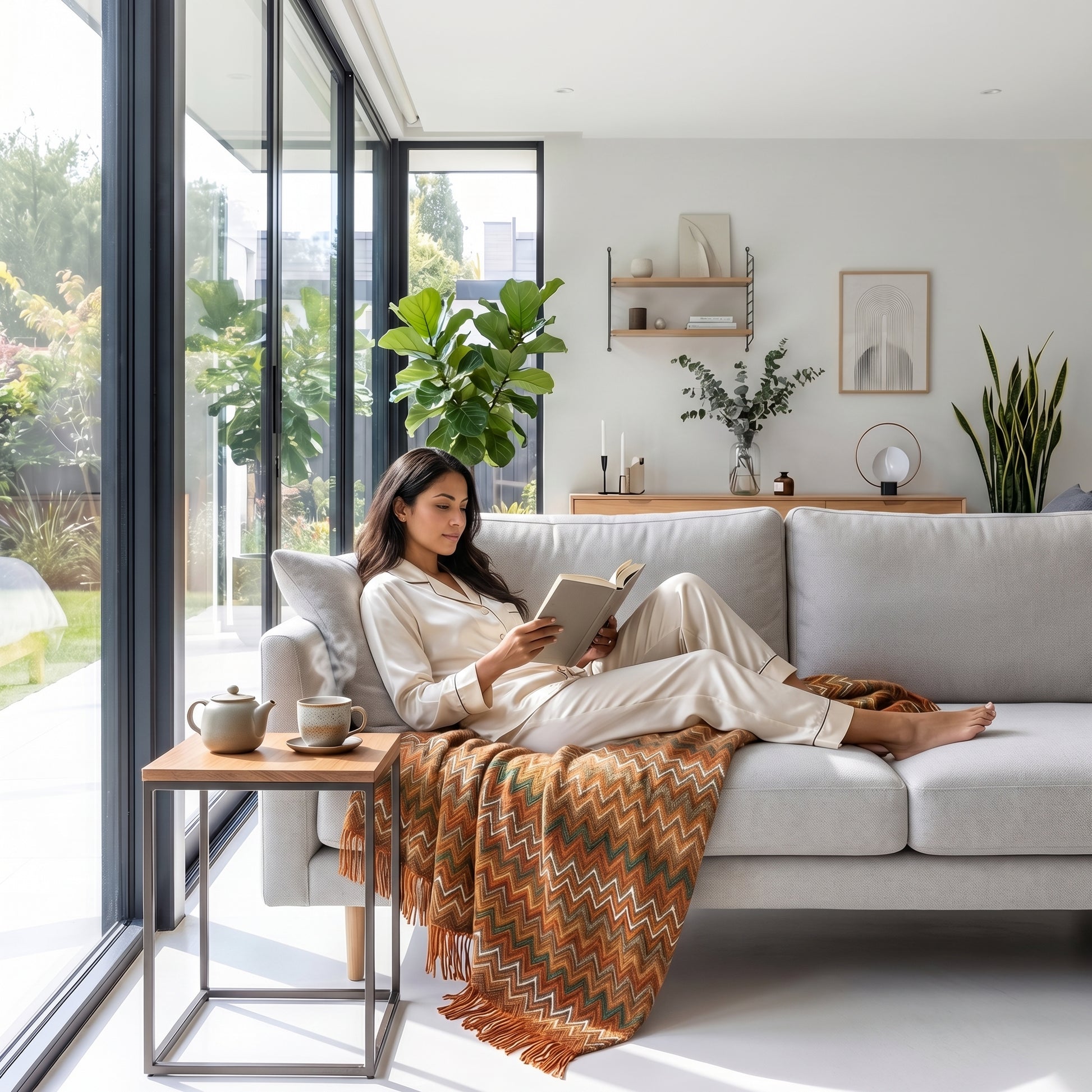 Woman relaxing on a sofa with a retro bohemian striped knitted blanket featuring orange and green hues and tassels.