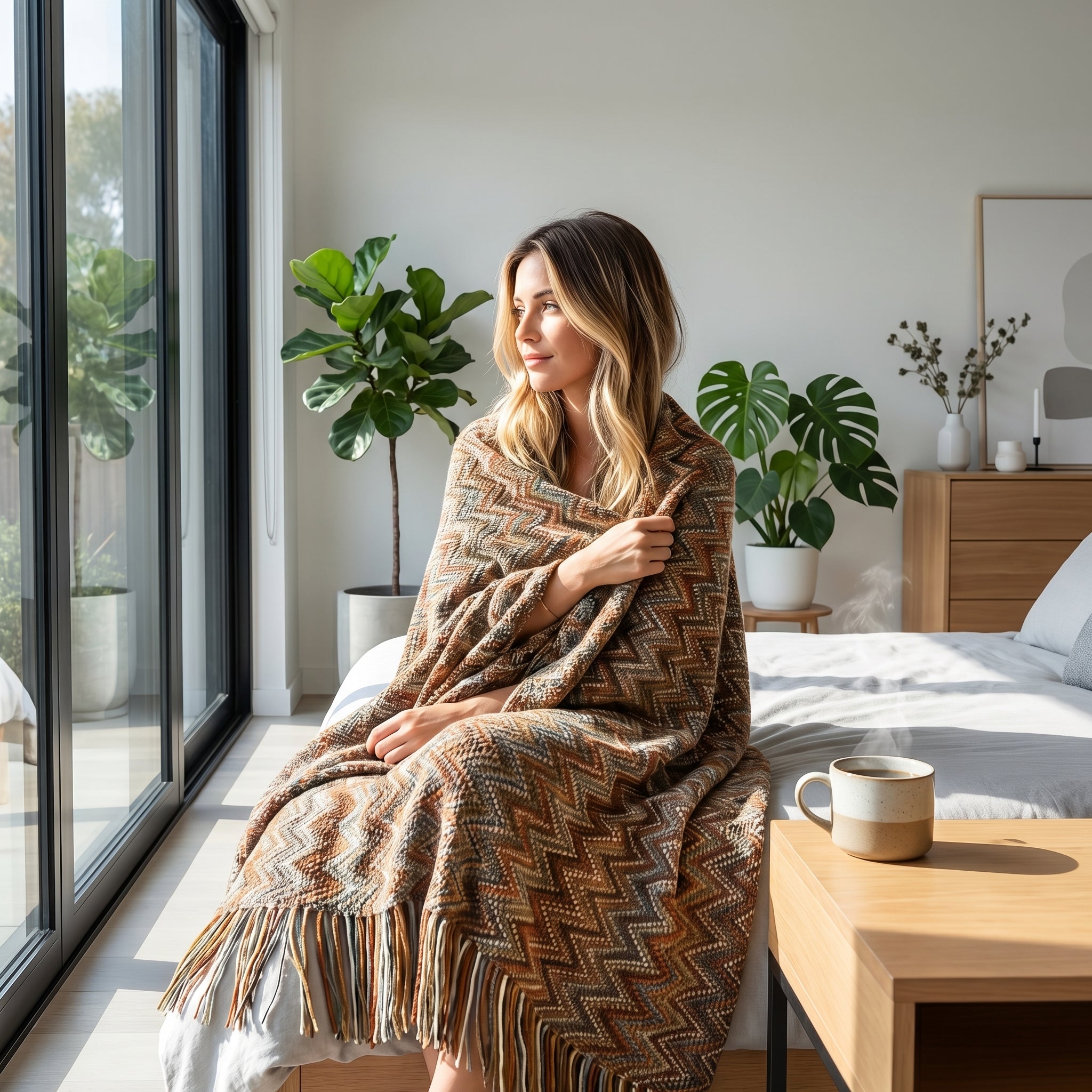 Woman wrapped in a retro bohemian striped knitted blanket with tassels, looking out a window.