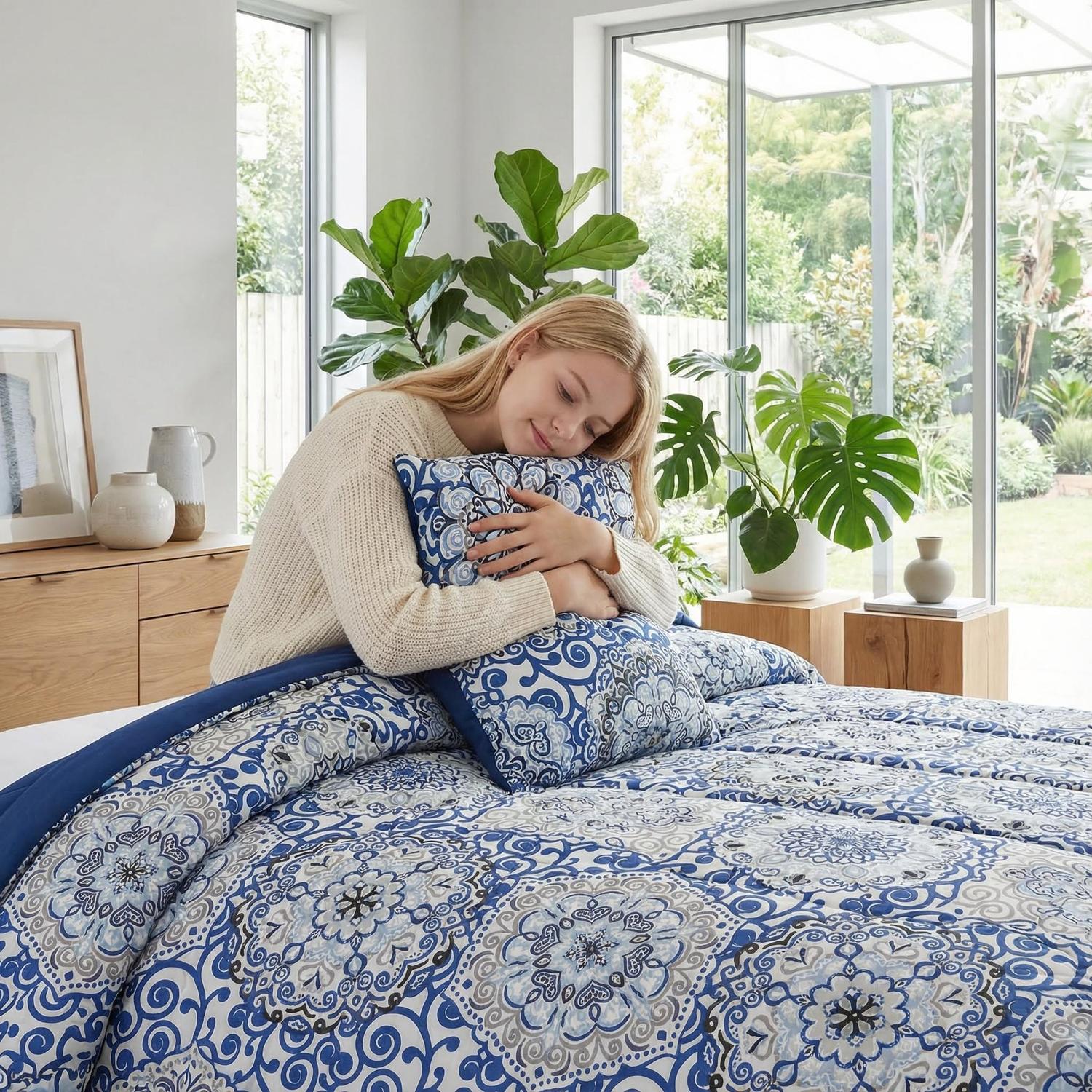 Blonde woman hugging a blue and white patterned reversible comforter set with decorative pillows in a bright bedroom.