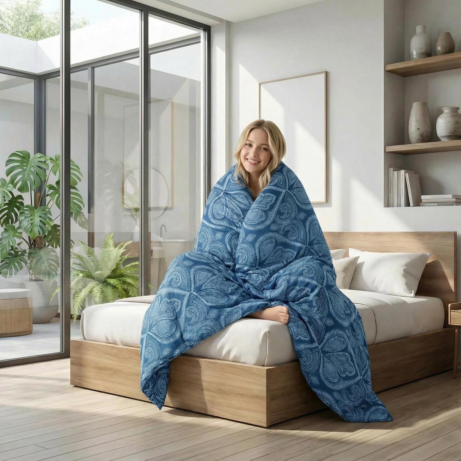 Smiling woman wrapped in a navy paisley reversible comforter on a wooden bed in a bright bedroom.