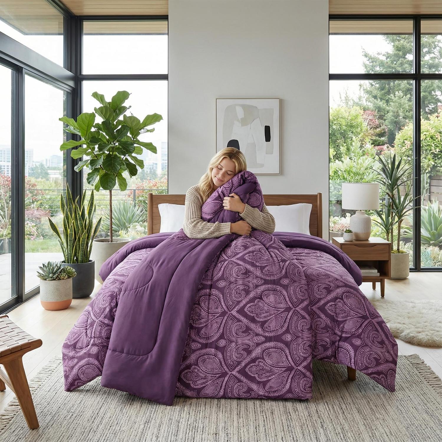 Woman on bed with reversible paisley purple comforter set, soft down-alternative filling.