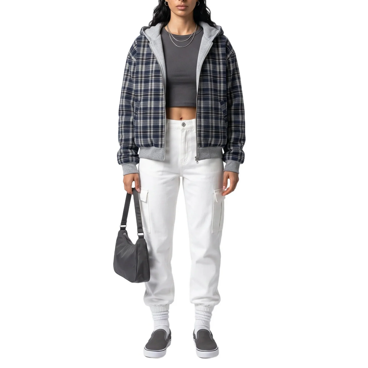 Reversible Cropped Hooded Jacket with Check Pattern 1