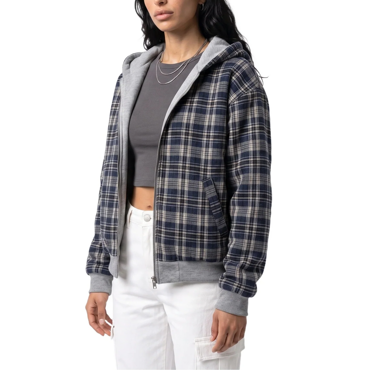 Reversible Cropped Hooded Jacket with Check Pattern 2