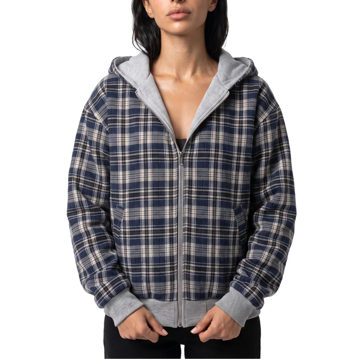 Reversible Cropped Hooded Jacket with Check Pattern 0