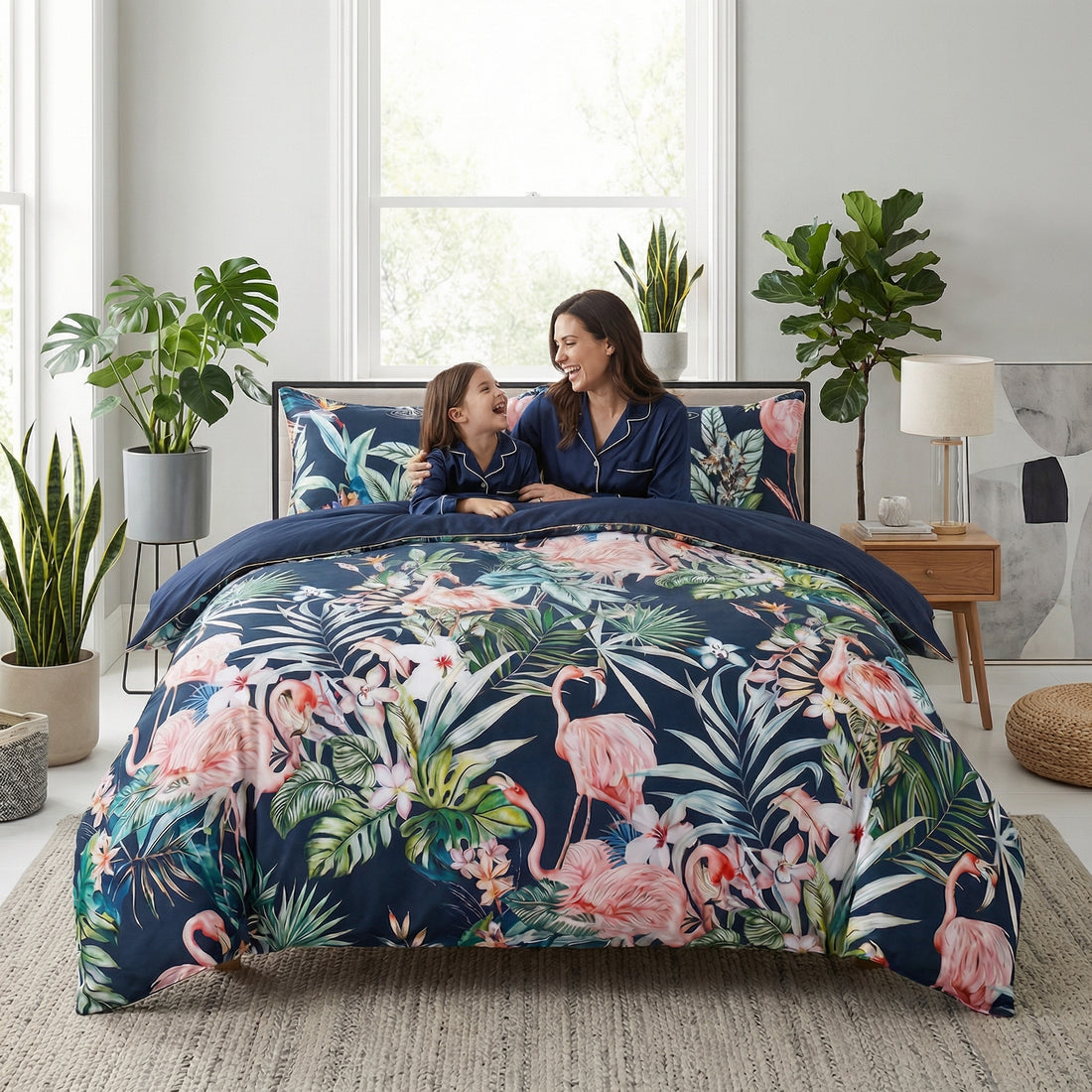 Reversible Egyptian cotton duvet cover with pink flamingos and tropical foliage on a navy blue background.