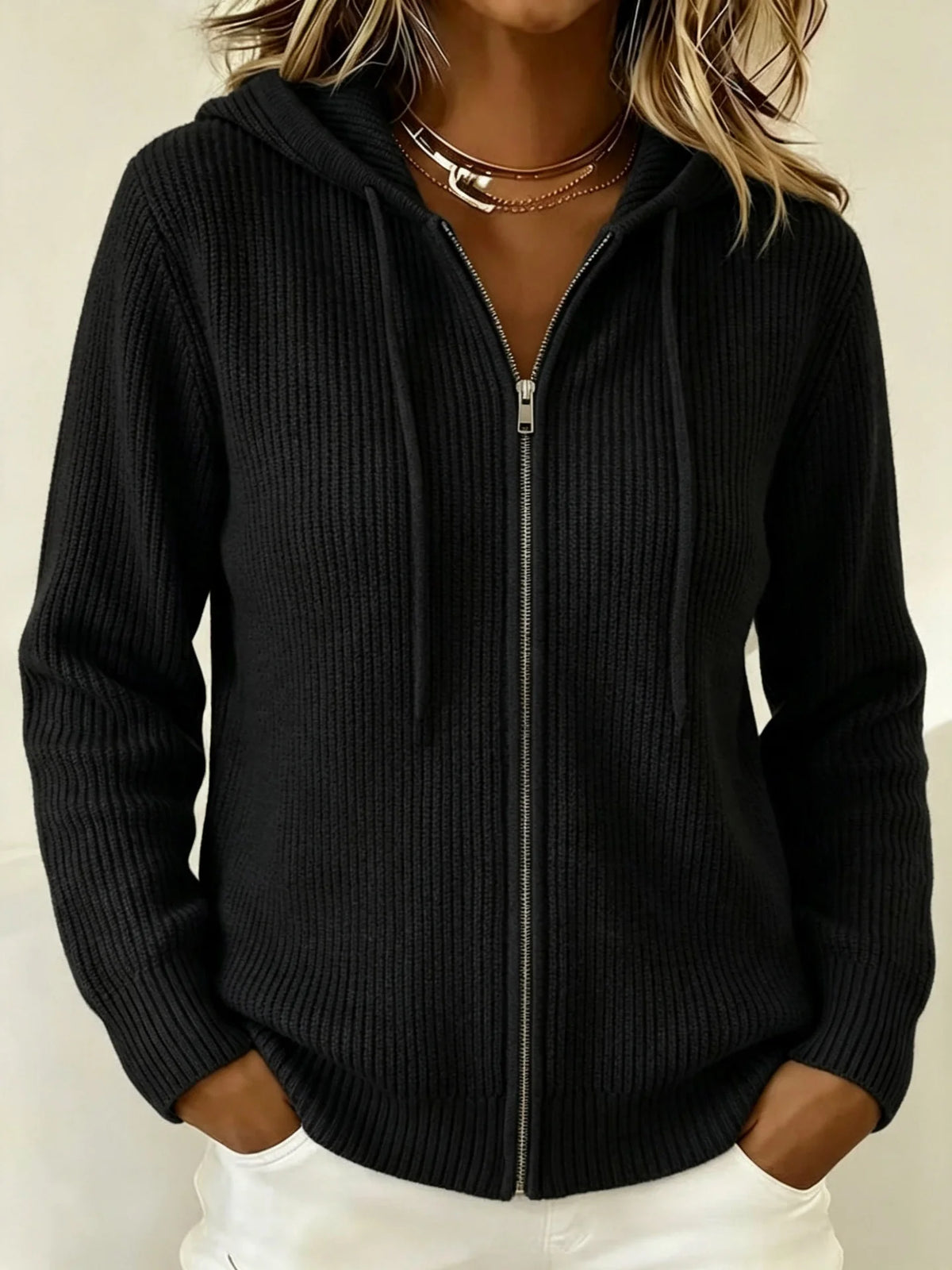 Ribbed Knit Zip-Up Hoodie Cardigan with Drawstring 5