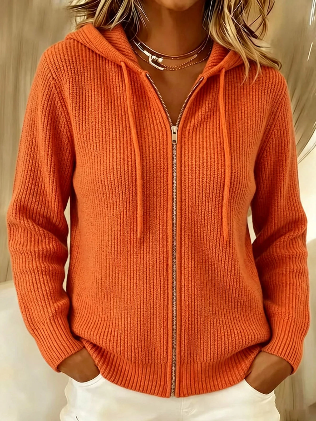 Ribbed Knit Zip-Up Hoodie Cardigan with Drawstring 6