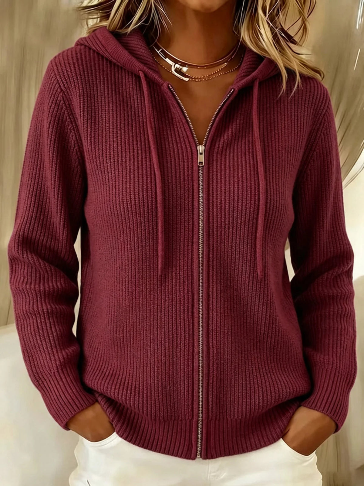 Ribbed Knit Zip-Up Hoodie Cardigan with Drawstring 2