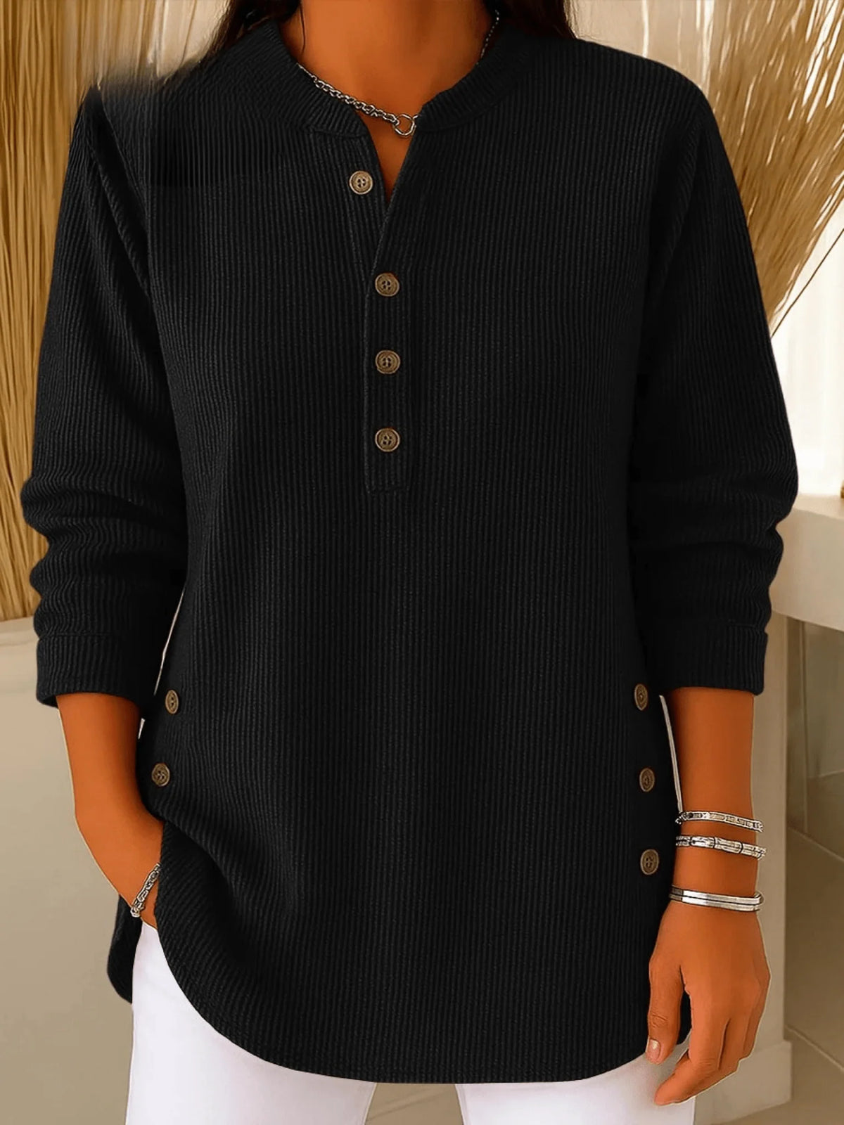 Ribbed Longline Tunic Top with Henley Neckline for Women 5