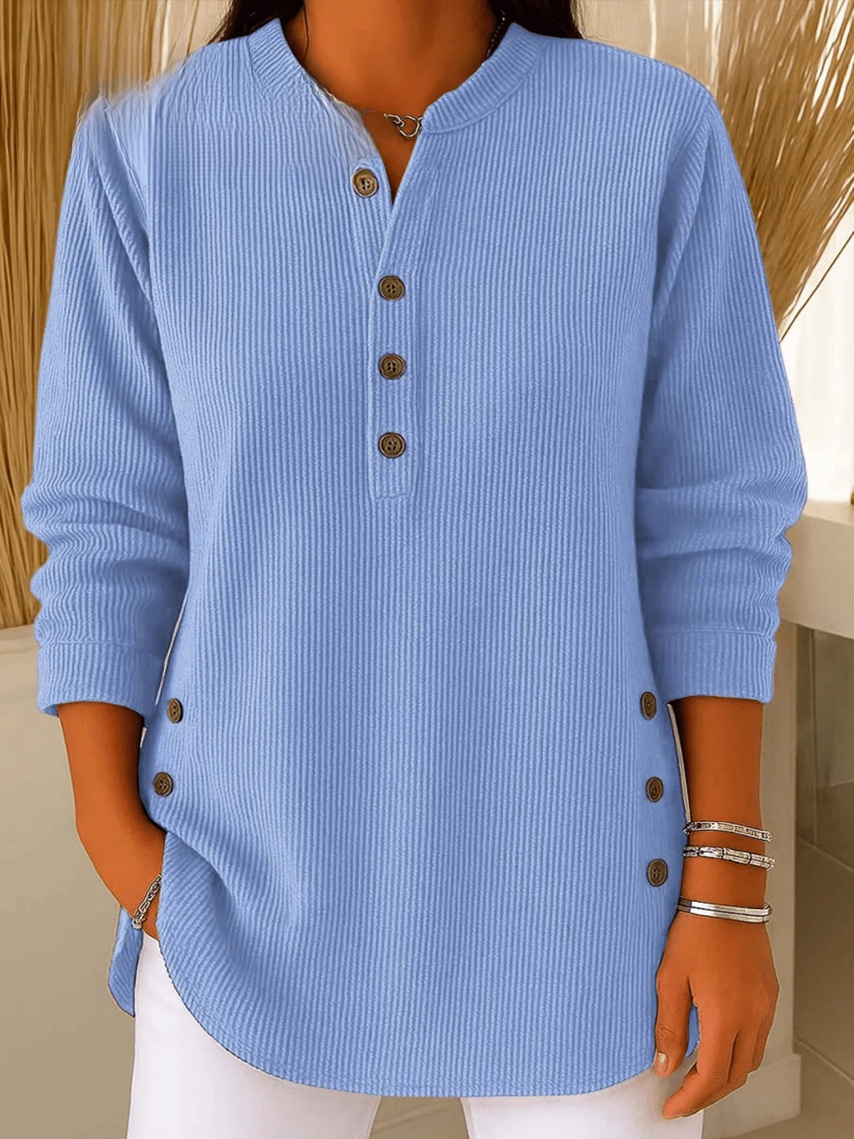 Ribbed Longline Tunic Top with Henley Neckline for Women 0