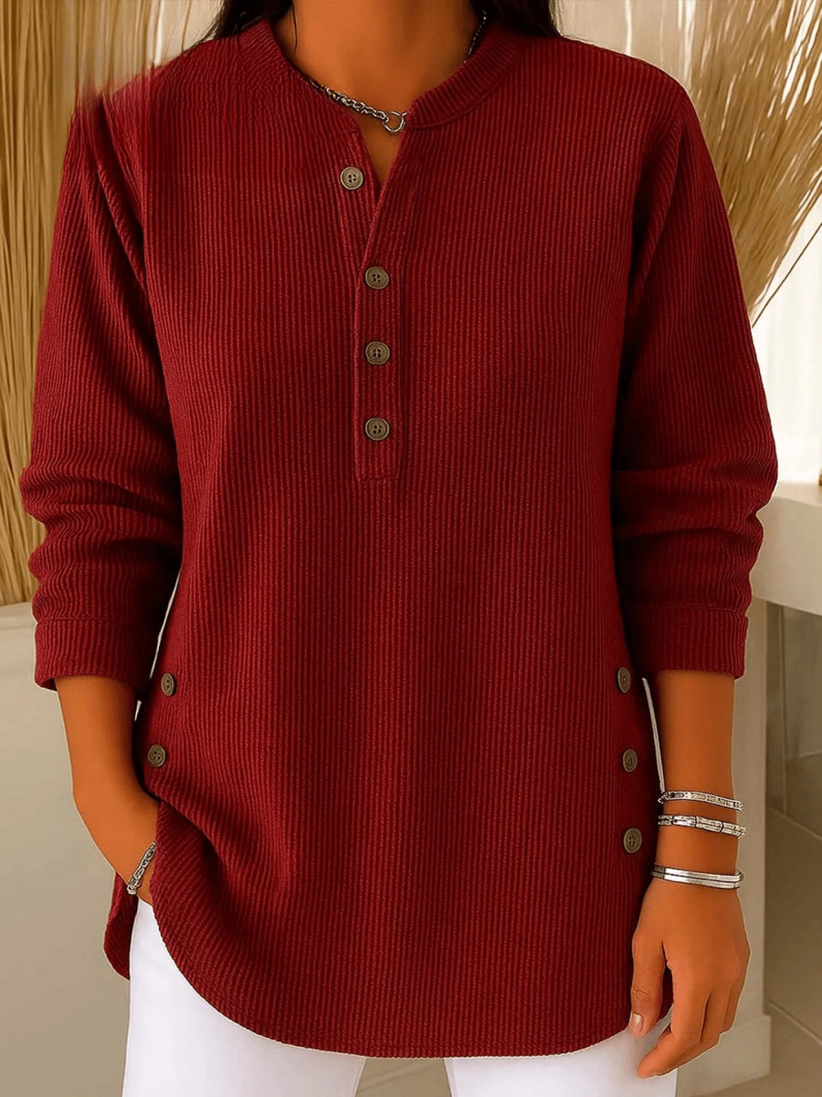 Ribbed Longline Tunic Top with Henley Neckline for Women 1