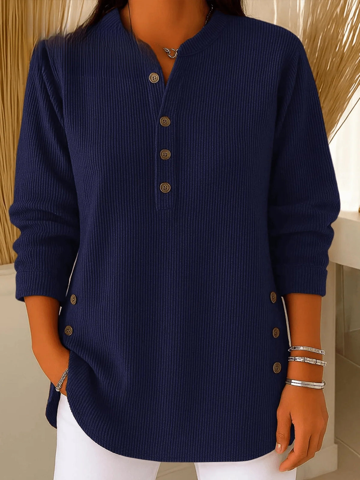 Ribbed Longline Tunic Top with Henley Neckline for Women 2