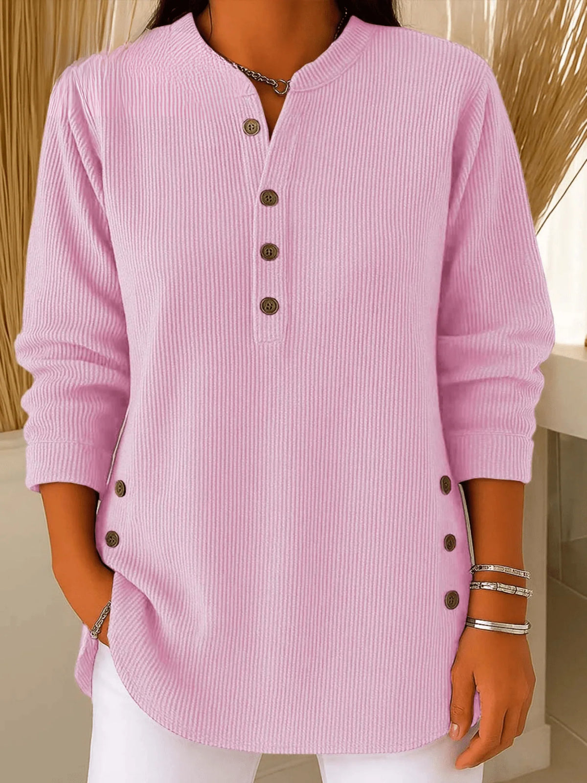 Ribbed Longline Tunic Top with Henley Neckline for Women 3
