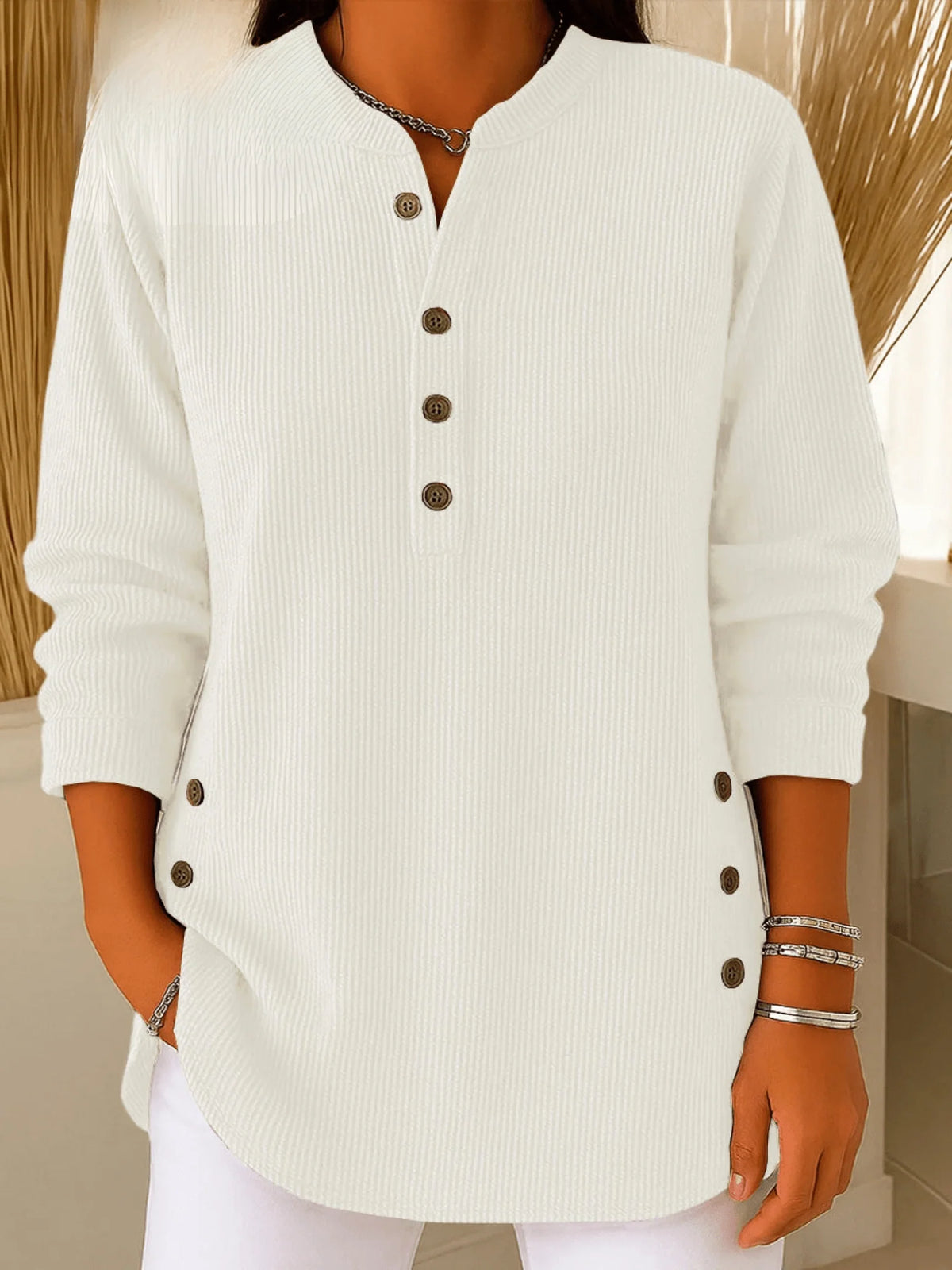 Ribbed Longline Tunic Top with Henley Neckline for Women 4