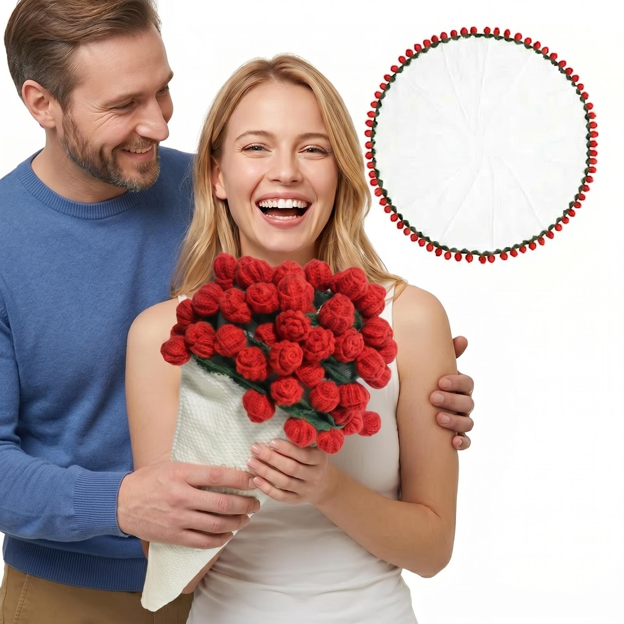Smiling couple holding a unique rose bouquet crochet blanket, with the blanket unfolded showing its red trim.