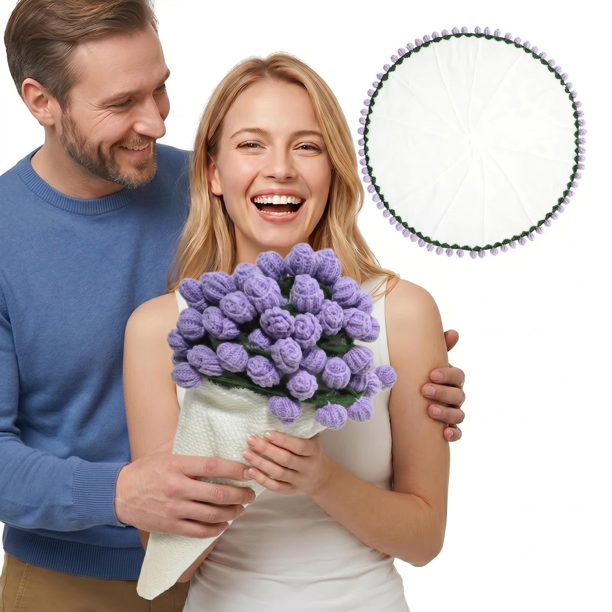 Happy couple with a purple crochet rose bouquet blanket, shown folded and as a round white blanket.