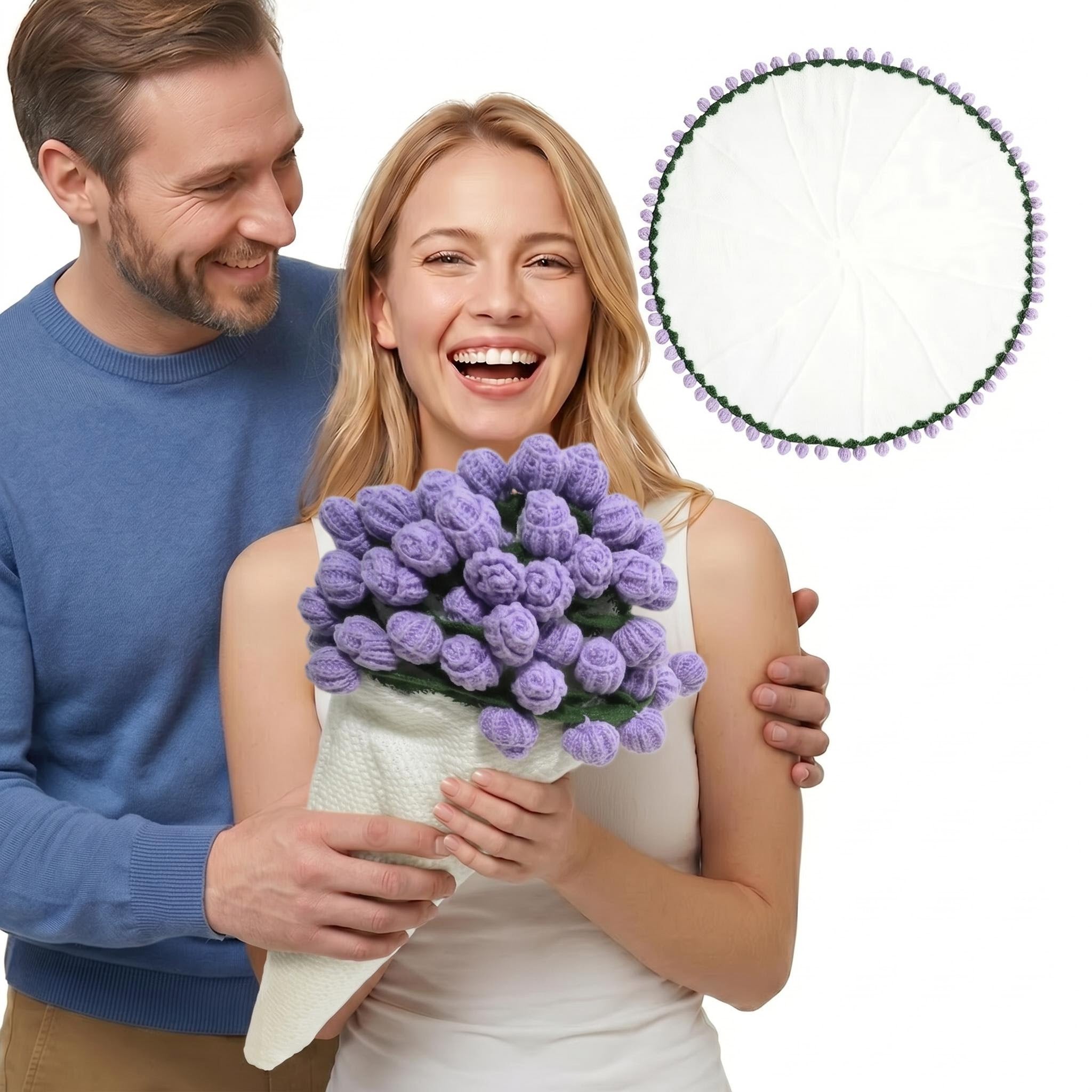 Happy couple with a purple crochet rose bouquet blanket, shown folded and as a round white blanket.