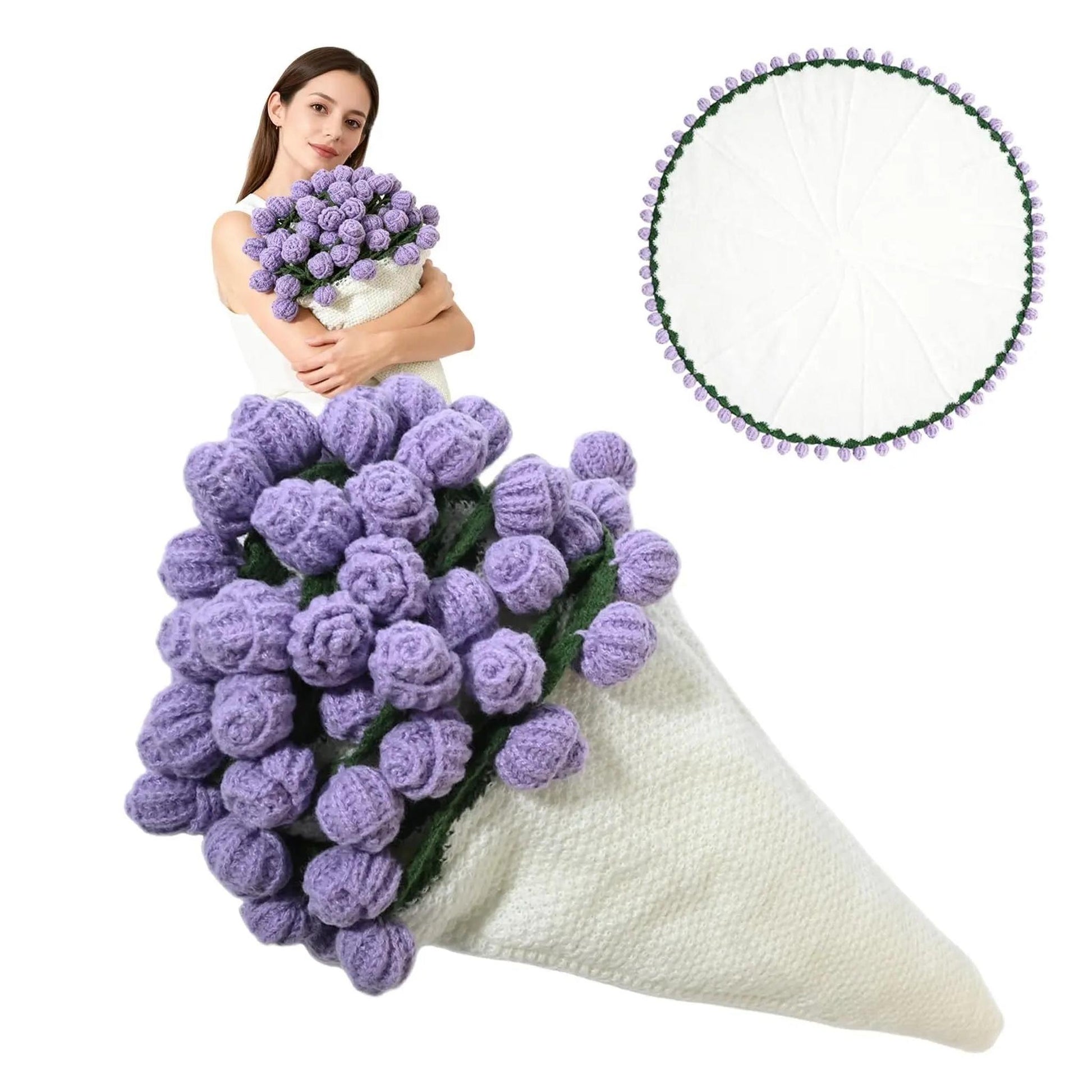 Woman holding a lavender crochet rose bouquet blanket, with a flat circular view showing the pom-pom trim.