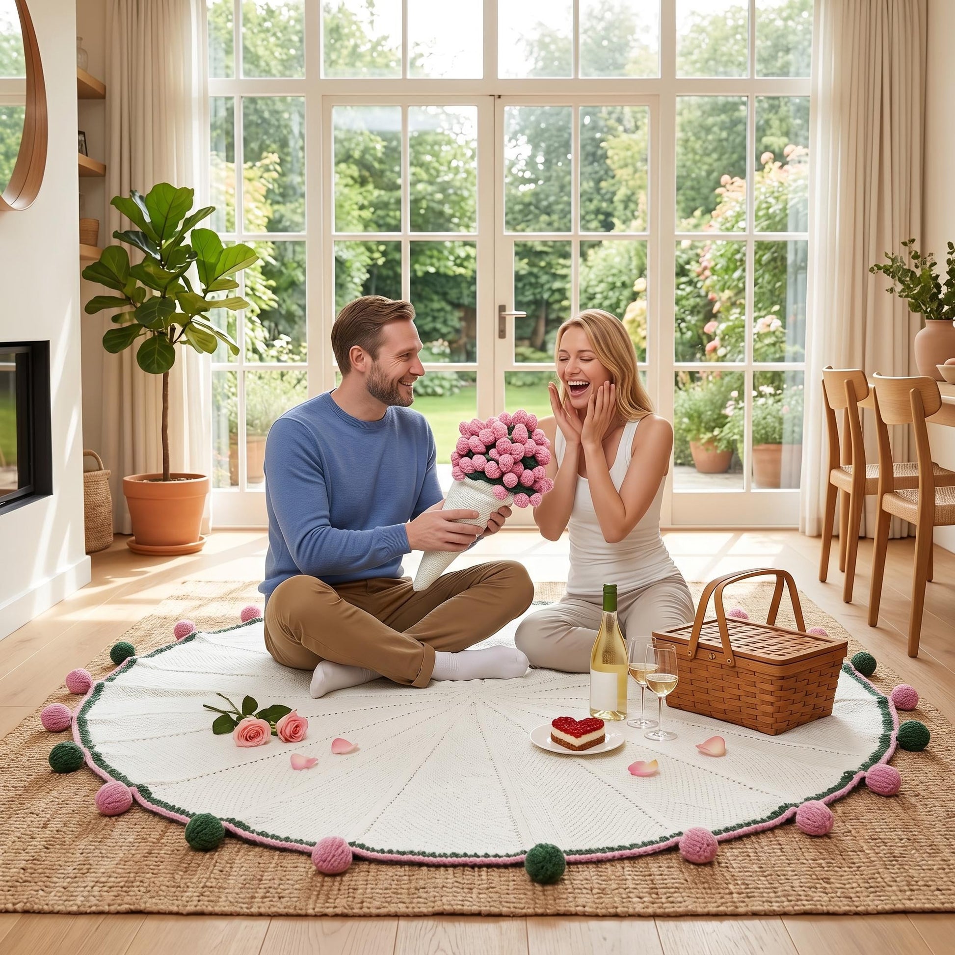 Man gifting a woman a rose bouquet crochet blanket, folded like pink roses, on a white round blanket.