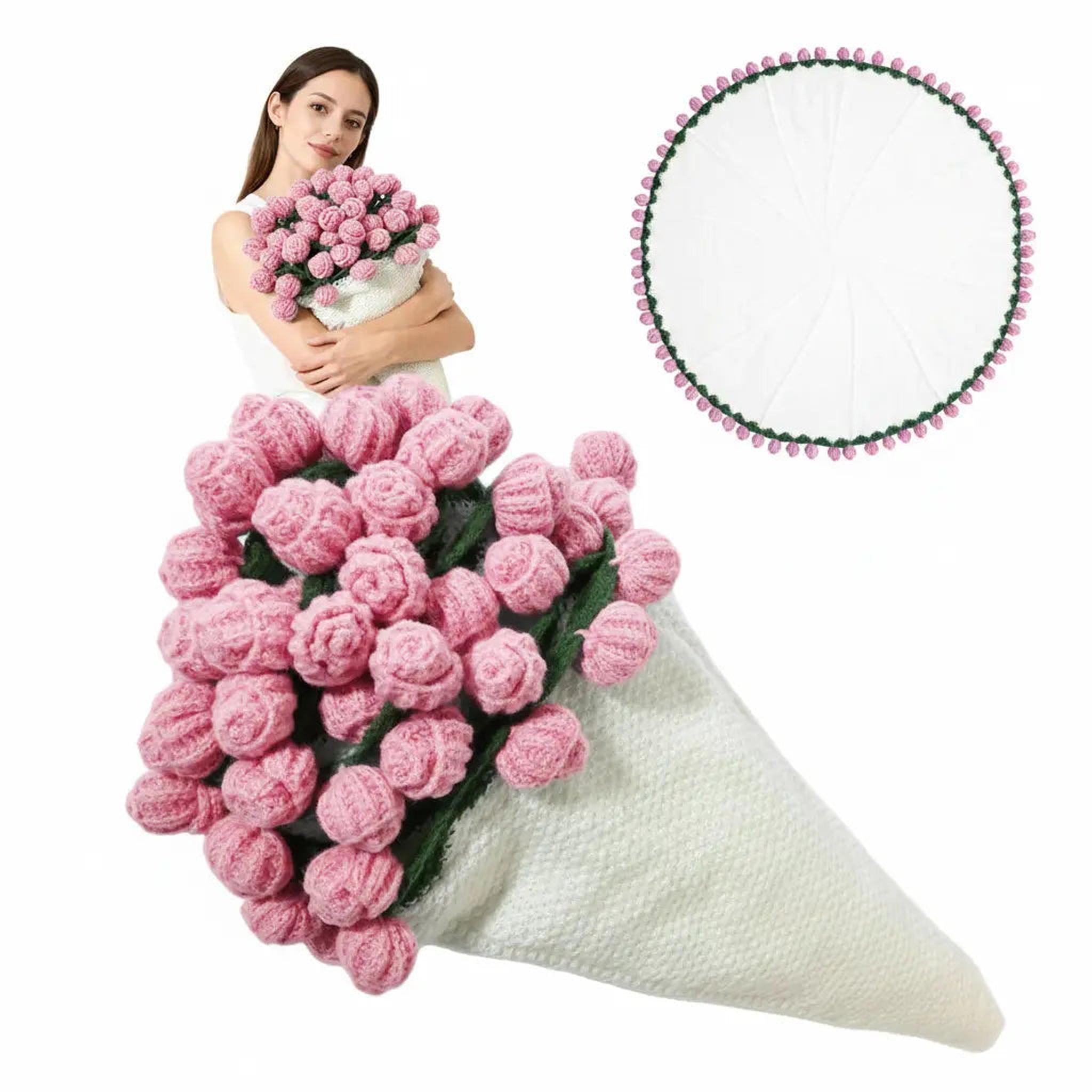Woman holding a pink crochet rose bouquet blanket, with a flat circular view showing the green and pink trim.