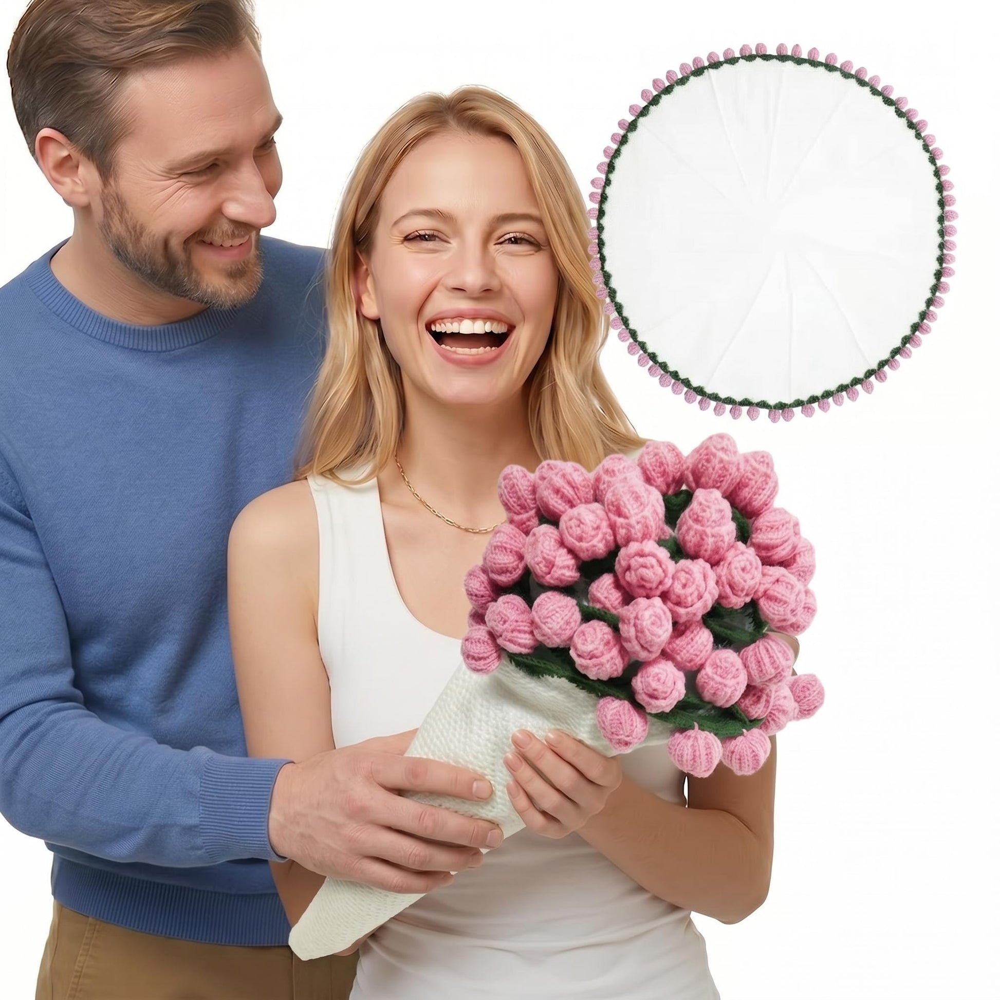 Happy couple holding a unique rose bouquet crochet blanket, with the blanket unfolded shown above.