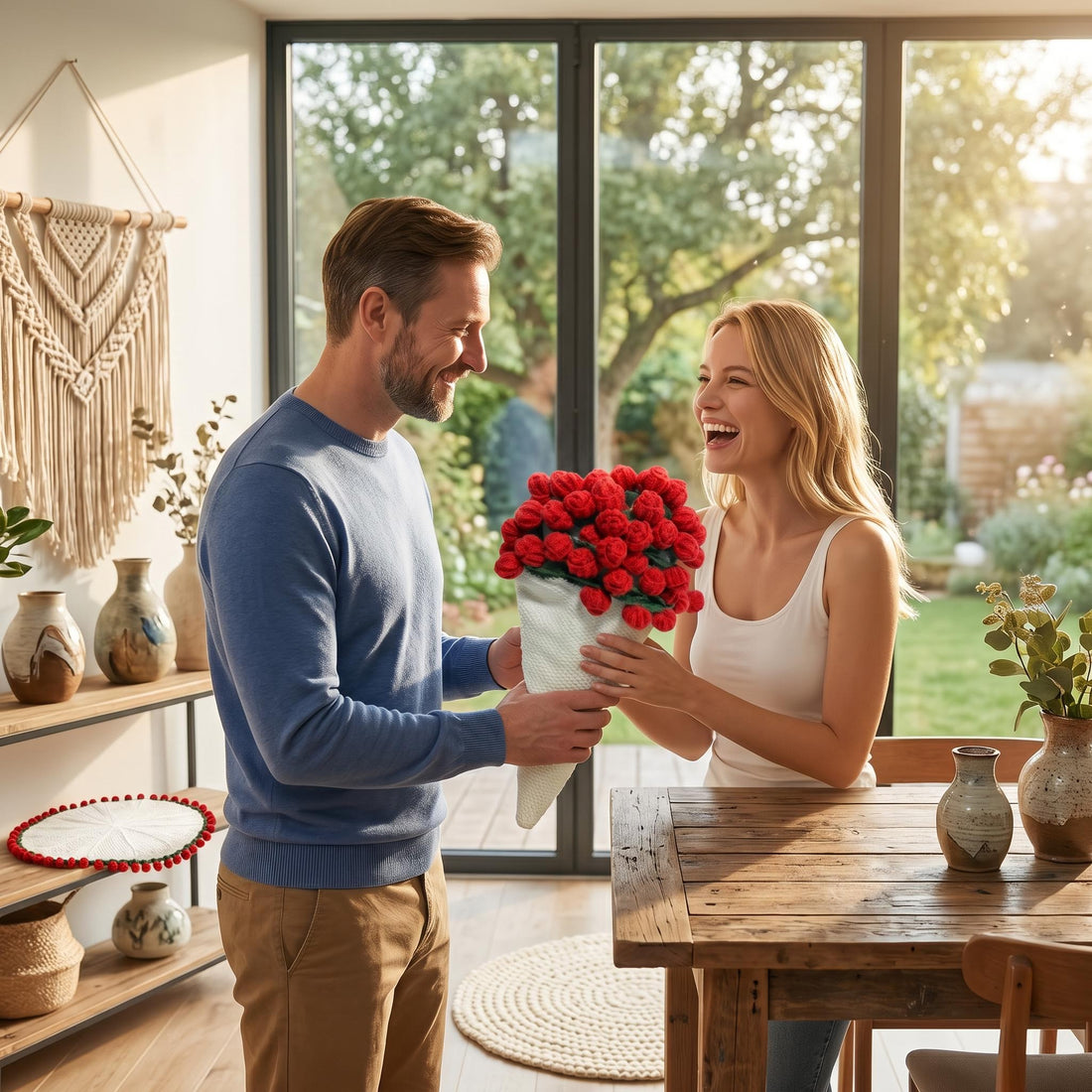 Happy woman receiving a red rose bouquet crochet blanket from a man, with another blanket in the background.