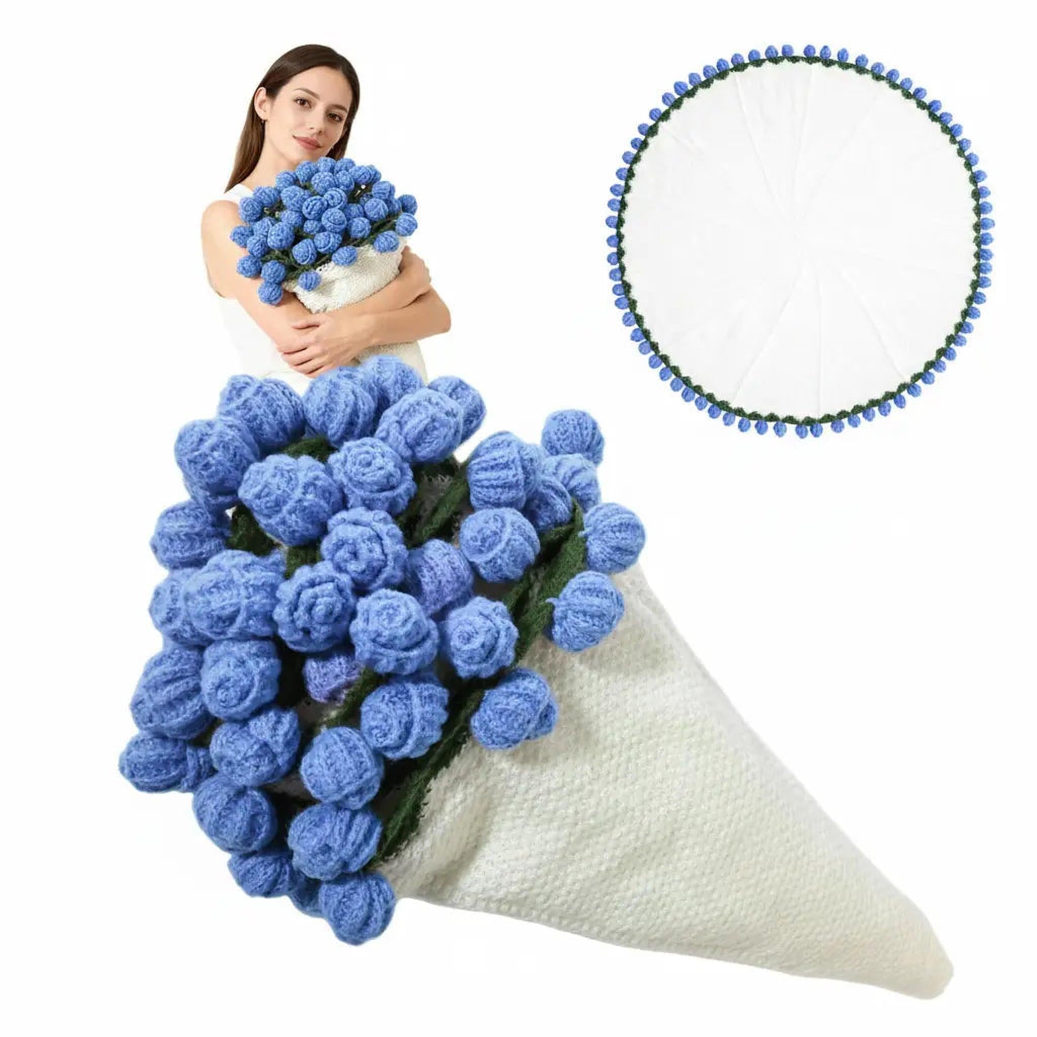 Woman holding a blue crochet rose bouquet blanket, with an inset of the blanket unfolded.