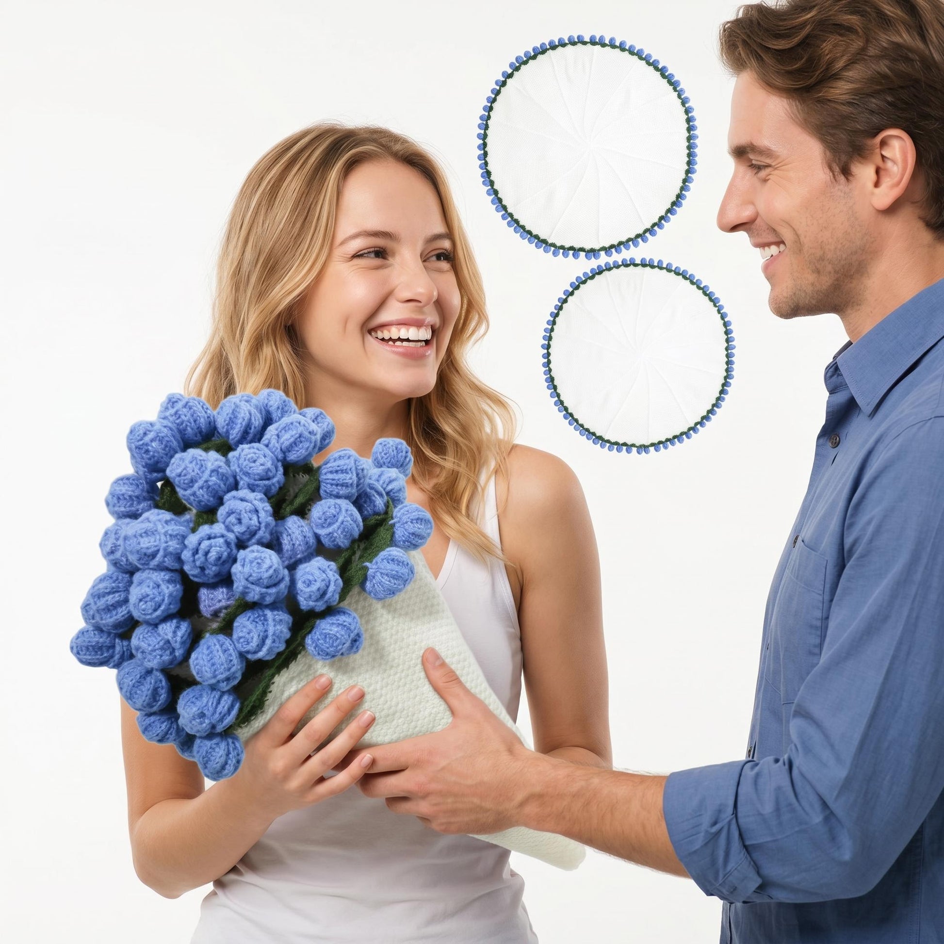Smiling woman receiving a blue crochet rose bouquet from a man, with two white circular blankets in the background.
