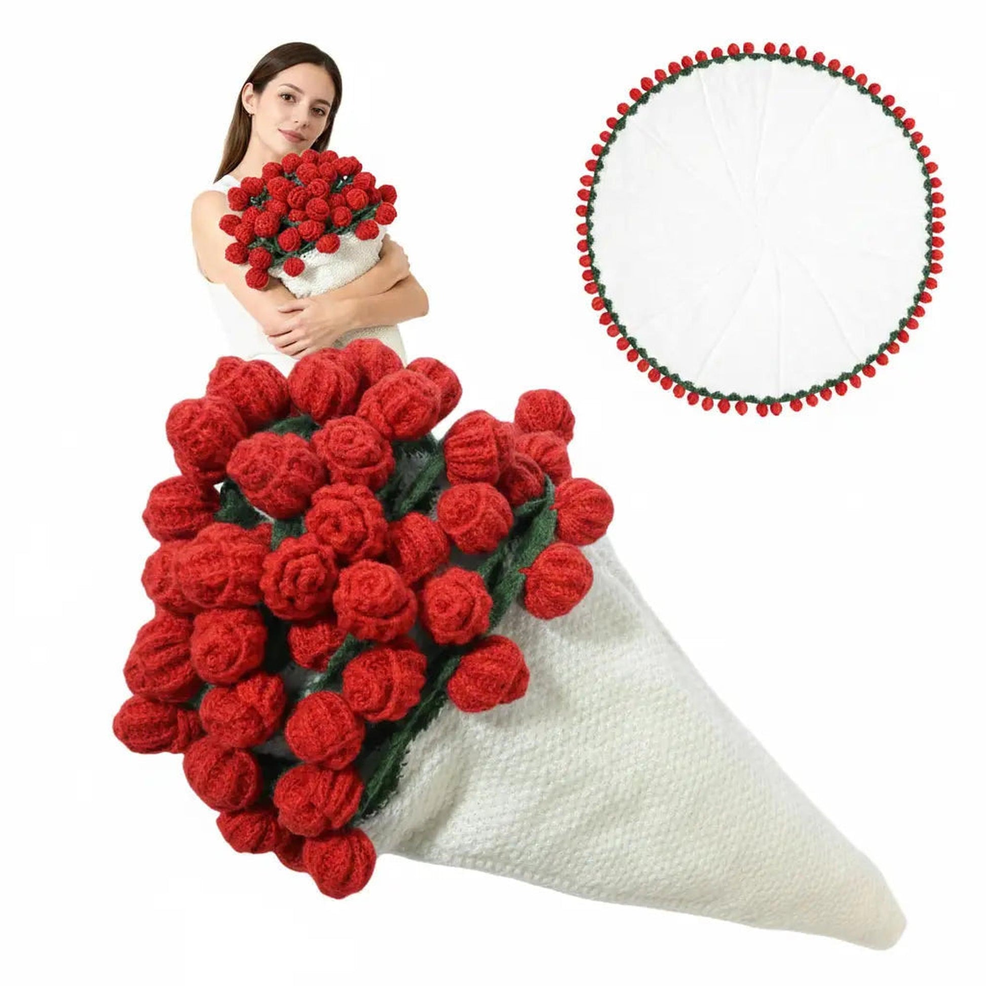 Woman holding a white knitted blanket folded as a bouquet of red crochet roses, with a round blanket inset.