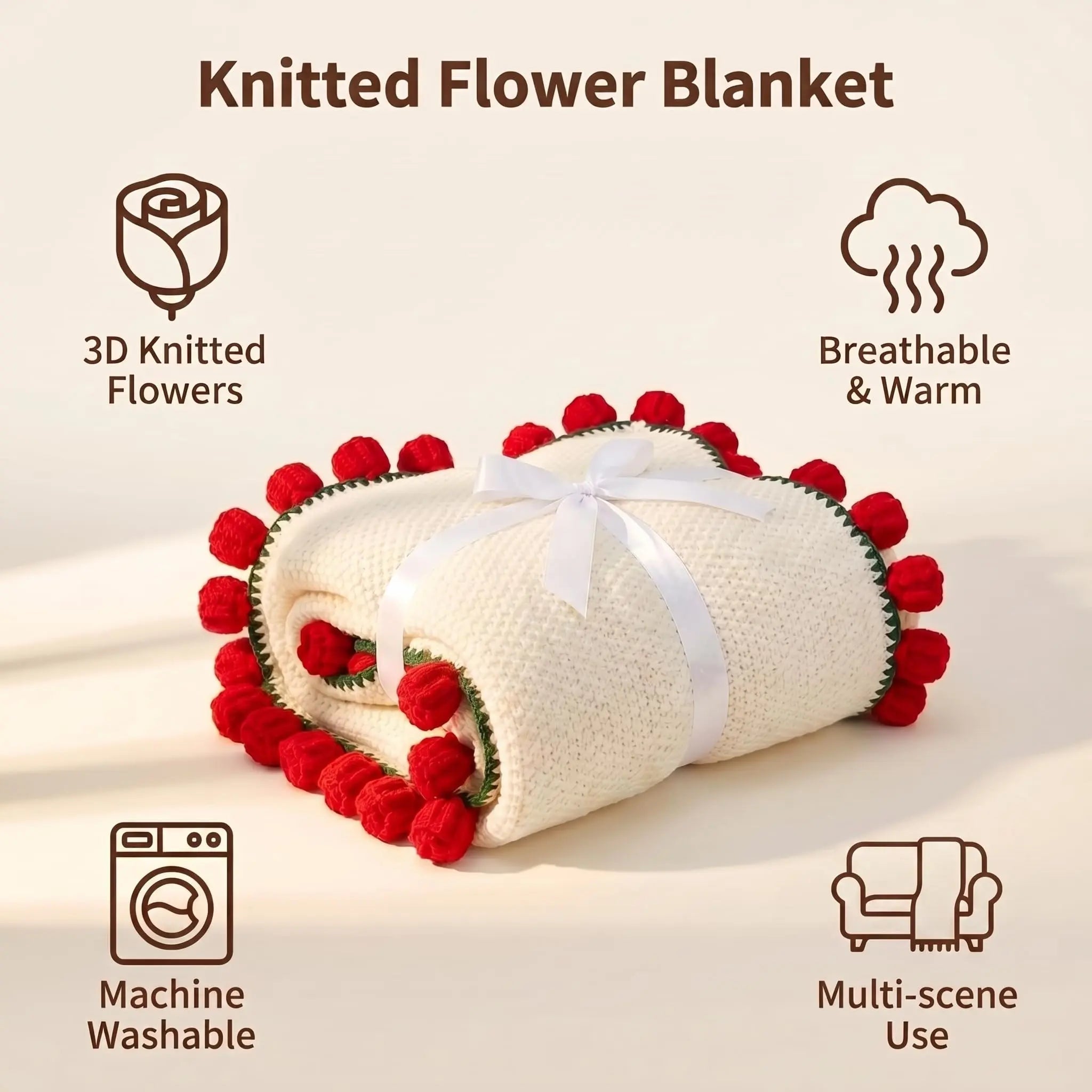 Cream knitted blanket with red crochet flower pom-poms and a white ribbon, folded like a rose bouquet.